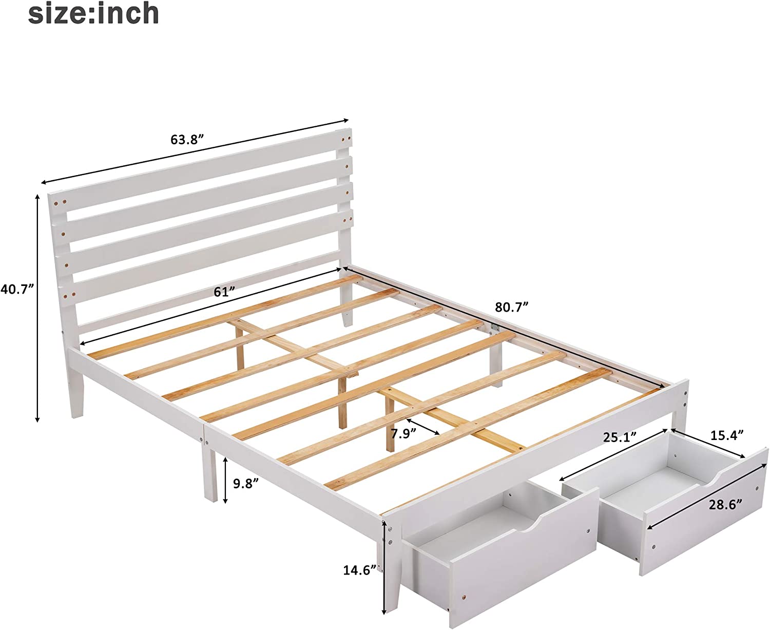 Full Size Platform Bed With Storage Drawer, Wooden Bed Frame With Headboard (White, Twin)