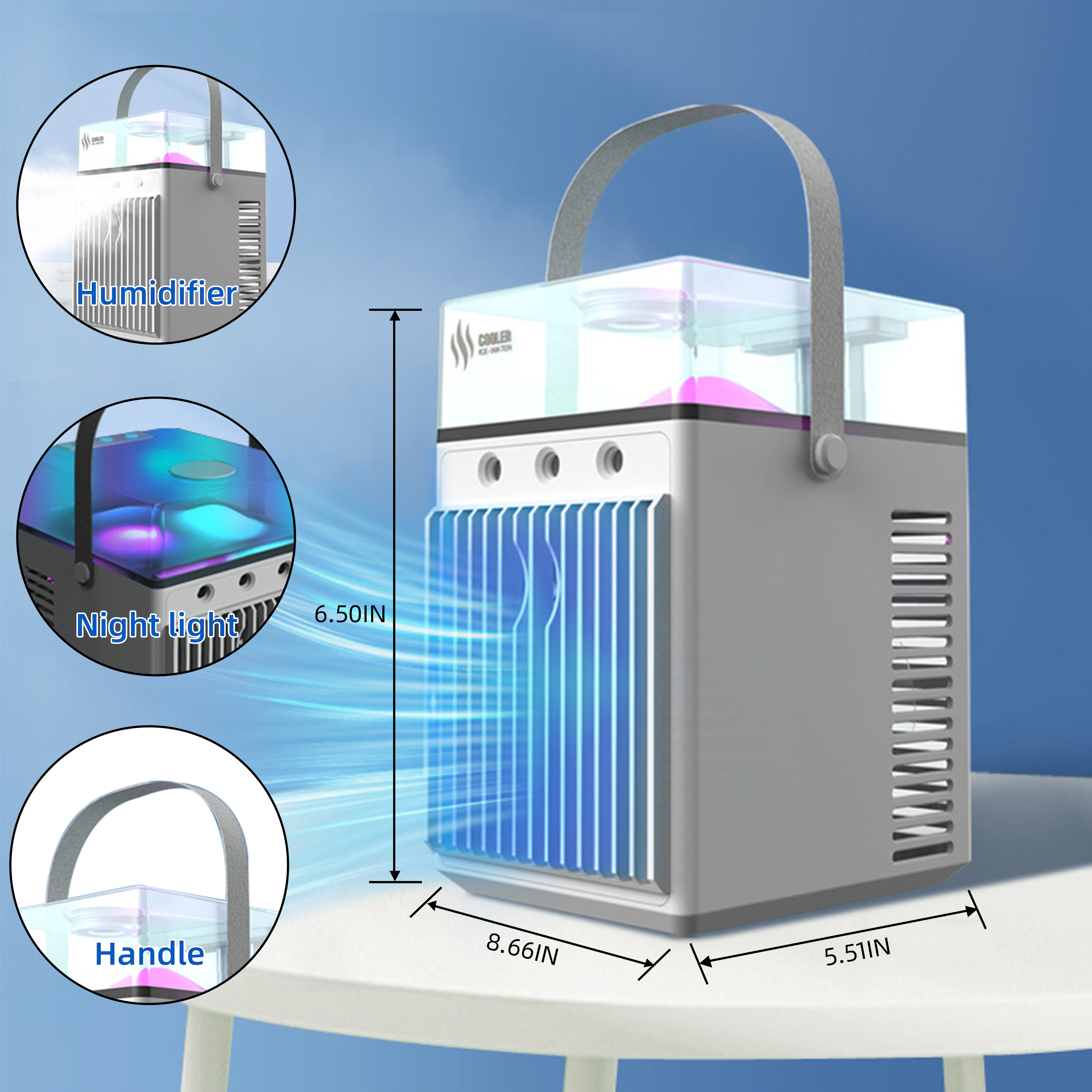 Ltrototea 4-IN-1 Portable AC Air Conditioner USB Electric Fan, Personal Evaporative Air Cooler Fan Humidifier,800ML Large Water Tank Air Cooler for Home Camping, White