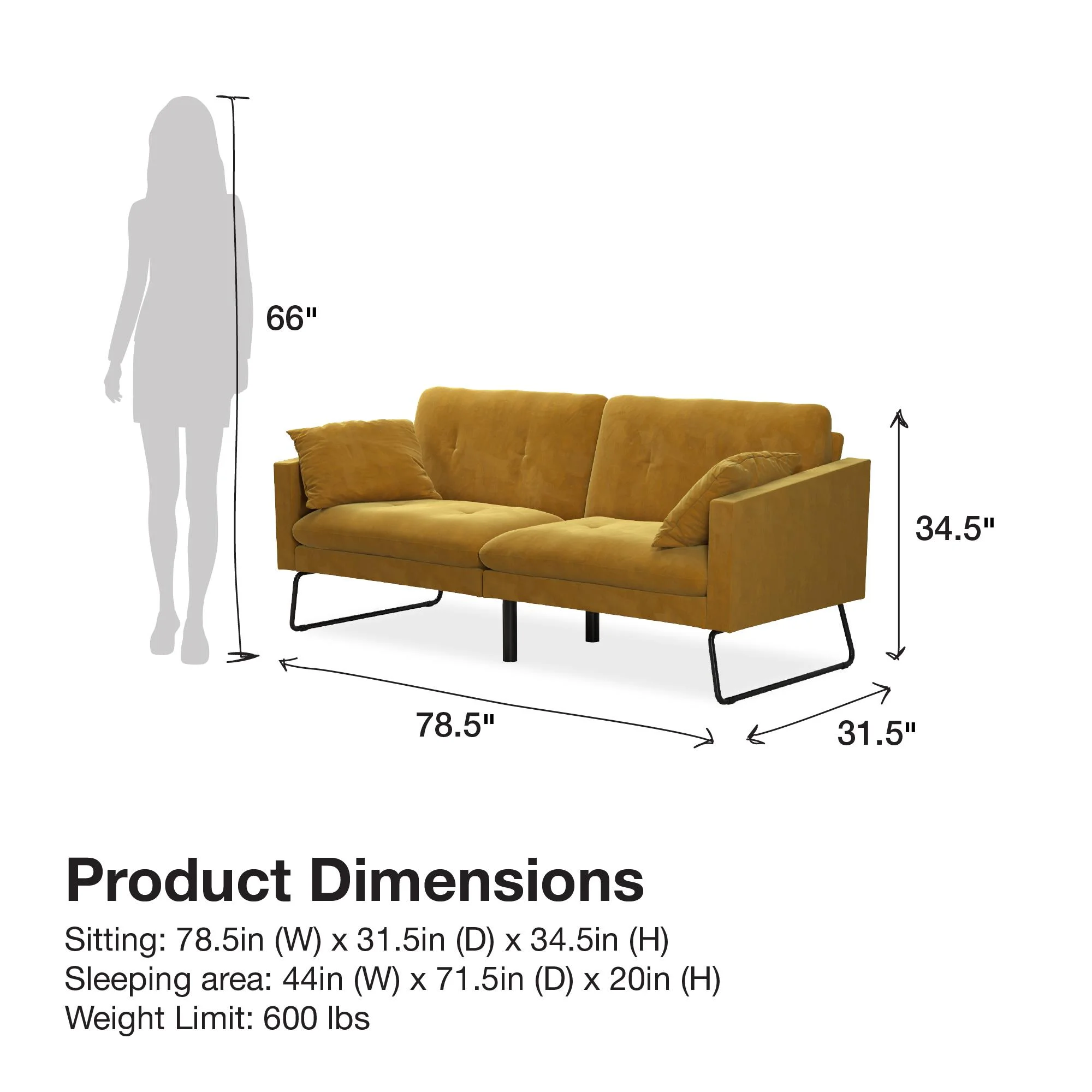 Mr. Kate Neely Futon with Bolster Pillows, Mustard Velvet