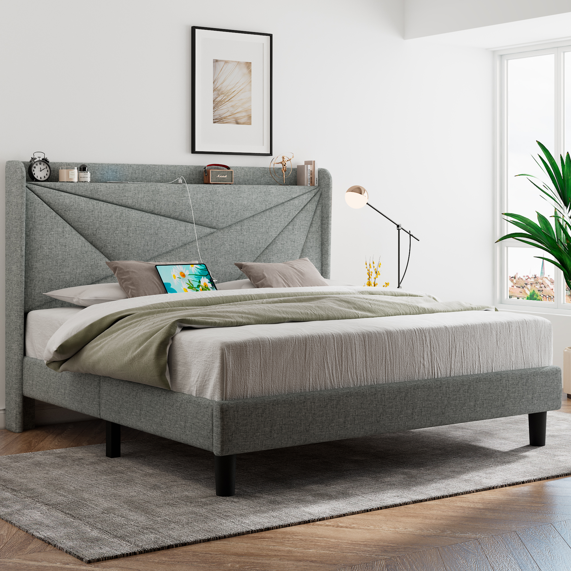 Feonase Queen Size Bed Frame with Type-C & USB Ports, Upholstered Platform Bed Frame with Wingback Storage Headboard, Solid Wood Slats Support, No Box Spring Needed, Noise-Free, Light Gray