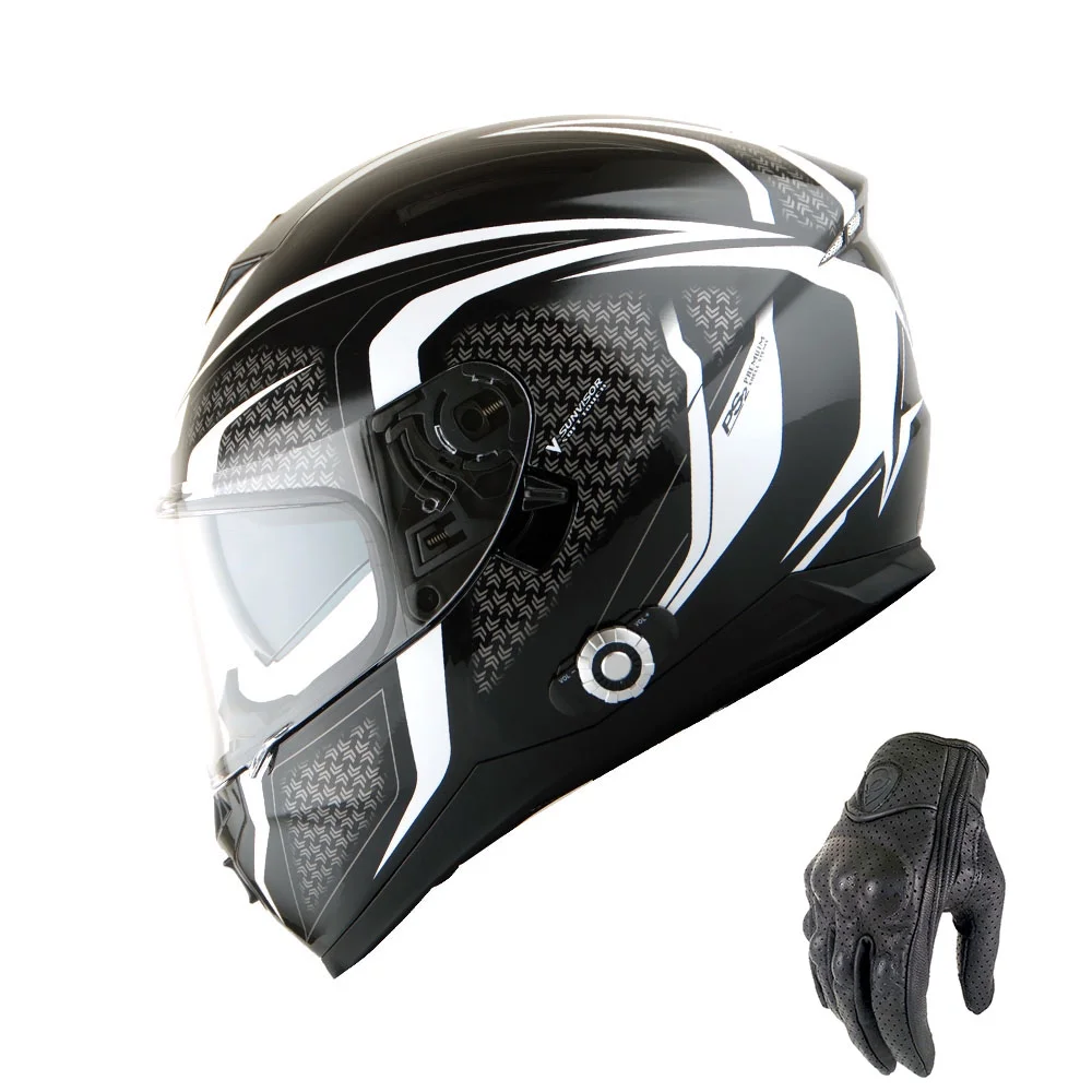 Martian Motorcycle Bluetooth Helmet Full Face Dual Visor Bluetooth Headset: HM_BFULLFACE White Black + Premium Leather Gloves