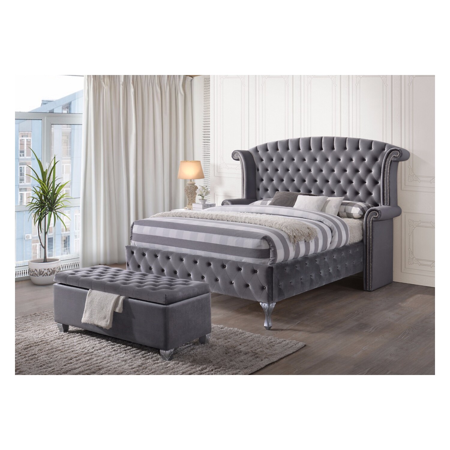 Well designed Contemporary Queen Size Padded Bed, Grey