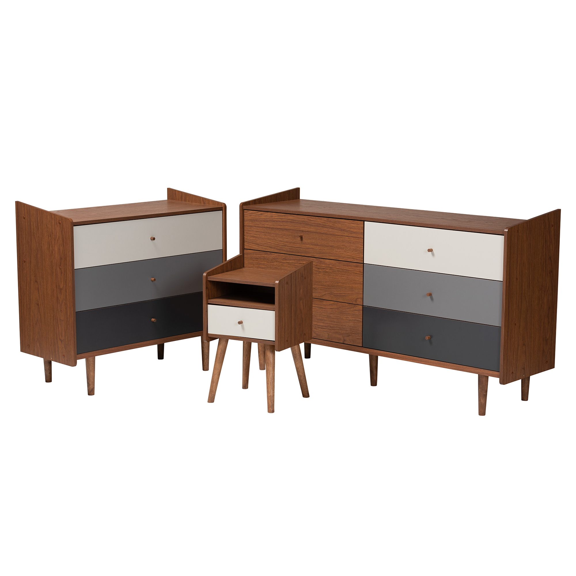 Baxton Studio Halden Mid-Century Modern Multicolor Walnut Brown and Grey Gradient Finished Wood 3-Piece Storage Set