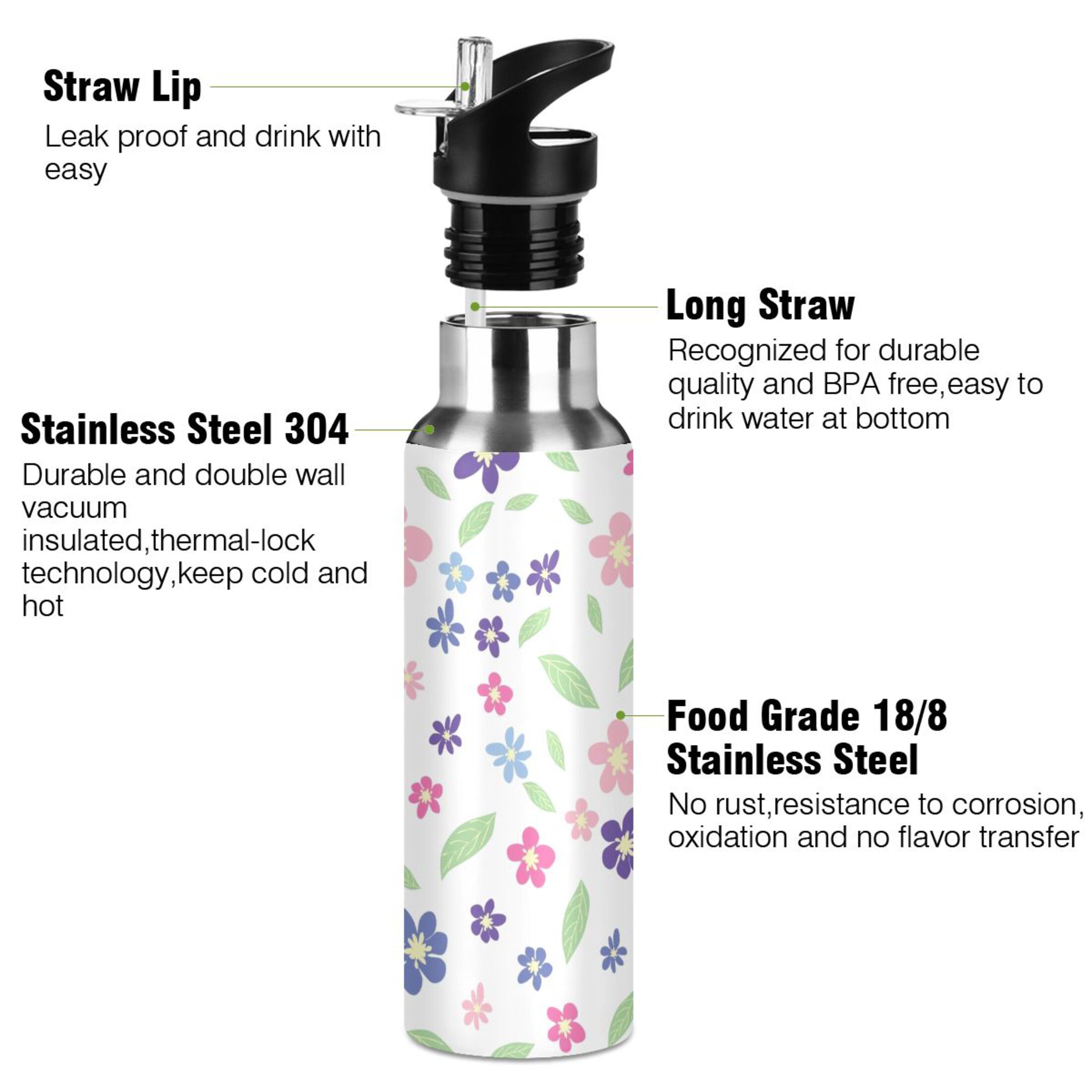 Water Bottle with Straw Lid Leak Flowers with Pink Chamomile Leaves Stainless Steel Insulated Thermos Vacuum Flask for Cold Hot Drinking for Sports Camping Gym Yoga