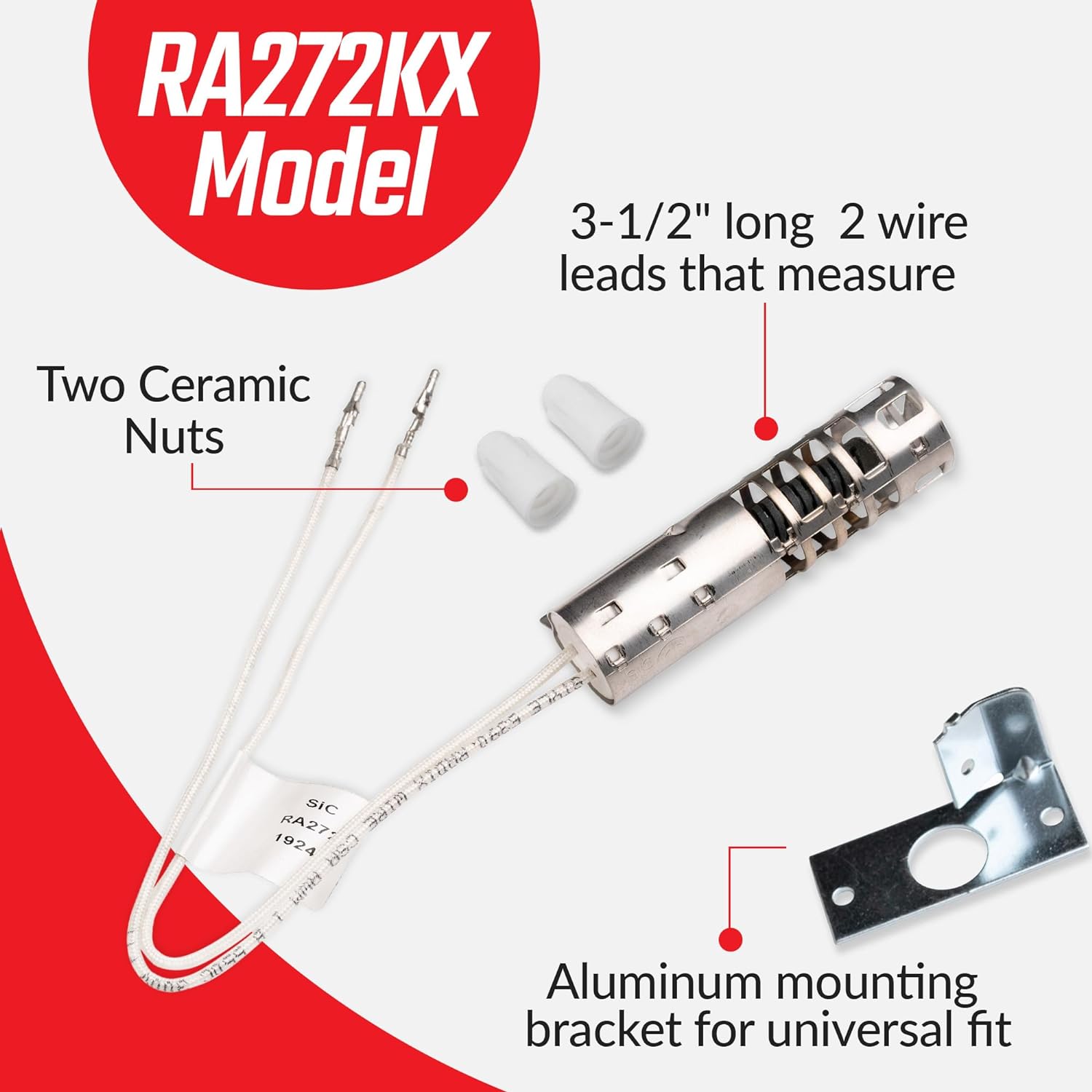 Surface Igniter RA272KX 2.5 to 3.0 Gas Range Oven Igniter Replacement for WB2X9154, 8053999, GR403 - Premium Oven Igniter for Gas Stove with brackets and nuts