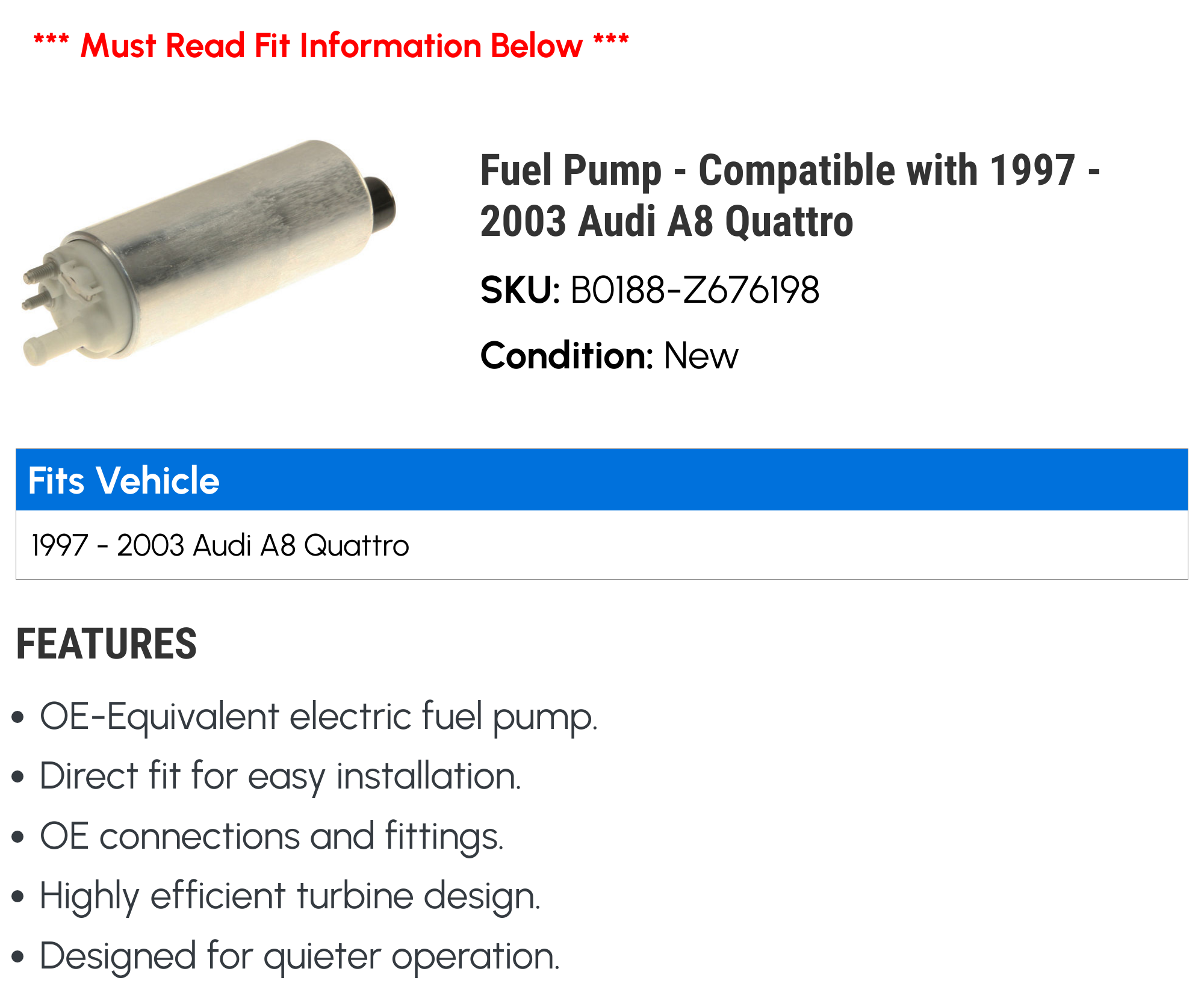 Fuel Pump - Compatible with 1997 - 2003 Audi A8 Quattro 1998 1999 2000 2001 2002