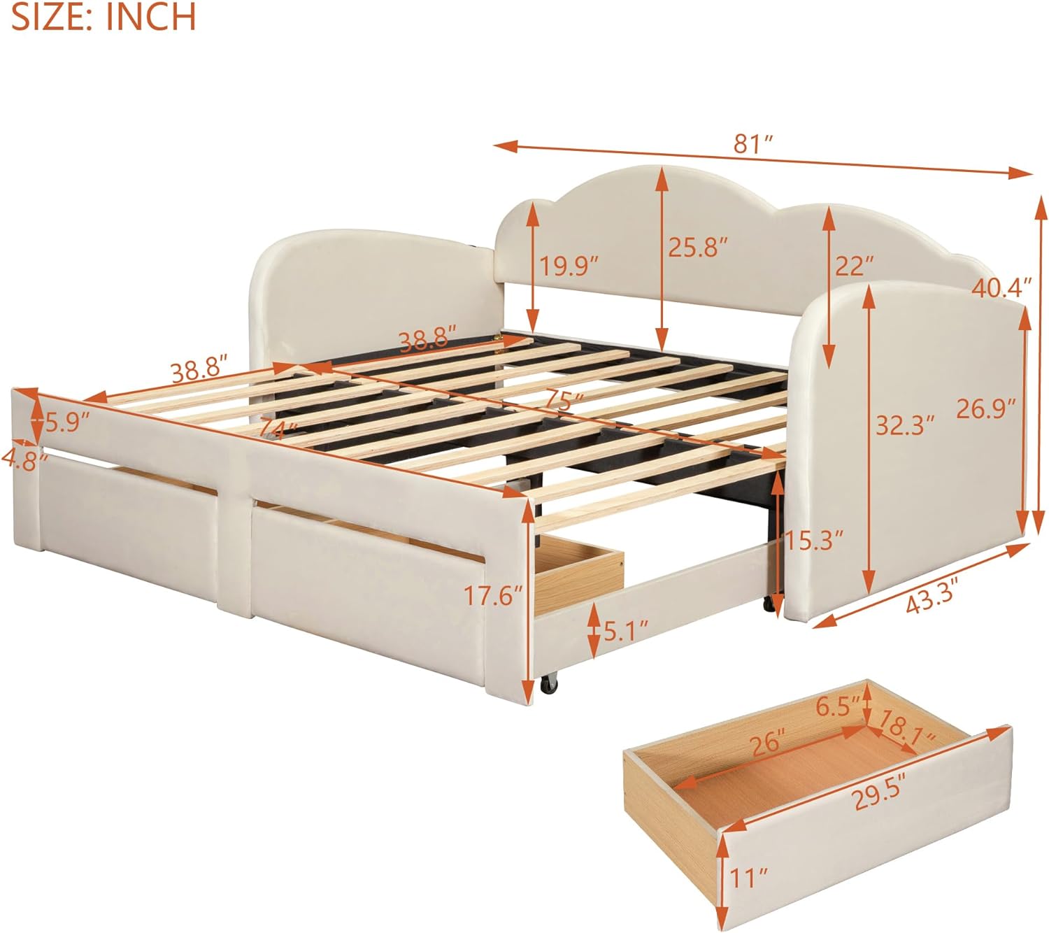 Size Daybed With Storage Drawers, Extedig Upholstered Sofa Bed With Trudle, To Kig Desig Sleeper Sofa With Cloud-Shaped Backrest For Livig Room Apartmet, Beige