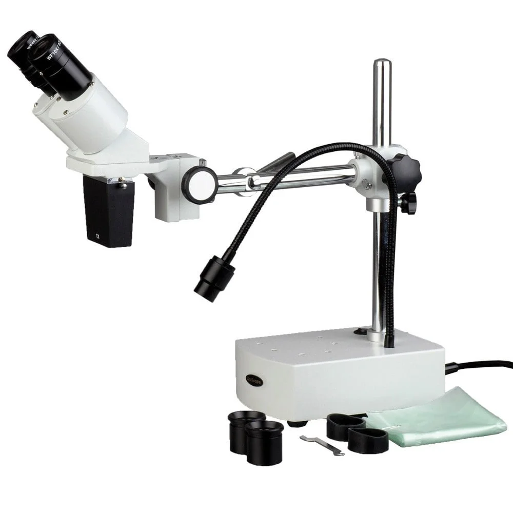 AmScope 10X-15X Binocular LED Stereo Microscope Boom Arm with Gooseneck Light