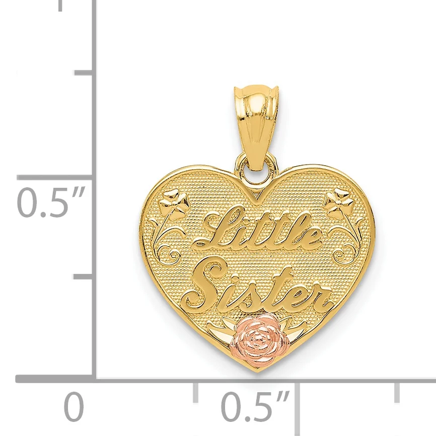 14K Two-Tone Gold Two-Tone Little Sister Heart Pendant (20mm x 15mm) With 10K Yellow Gold Lightweight Rope Chain 18