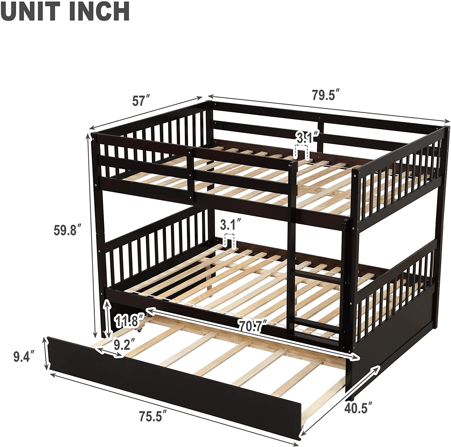 Full Over Full Bunk Bed with Trundle, Solid Bunk Bed for Kids, Teens, Adults, Full Size Bed Frame with Trundle, Ladder and Safety Rails, Convertible to 2 Full Size Platform Bed, No Box Spring Needed