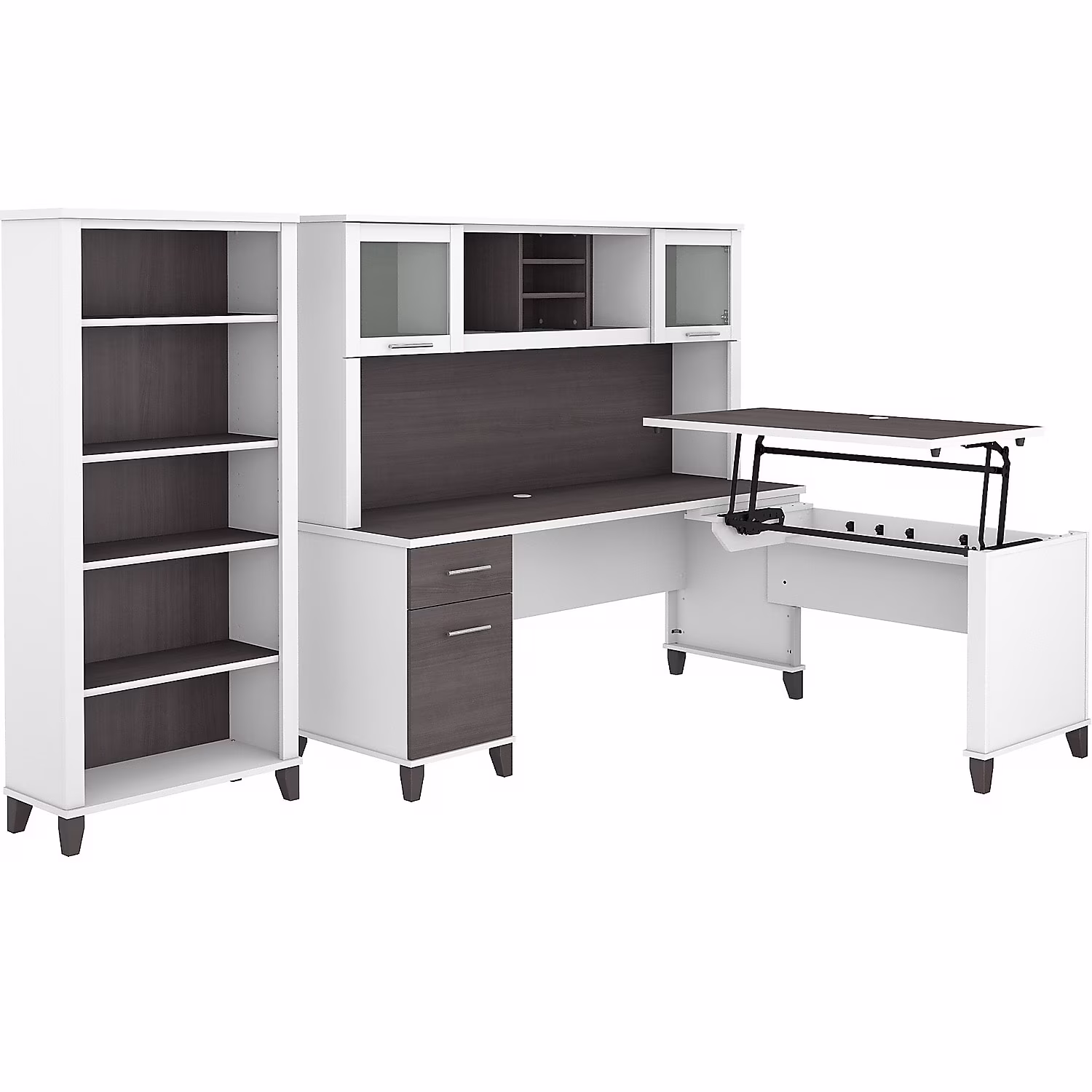 Somerset Sit to Stand L Desk Set with Bookcase in White/Gray - Engineered Wood