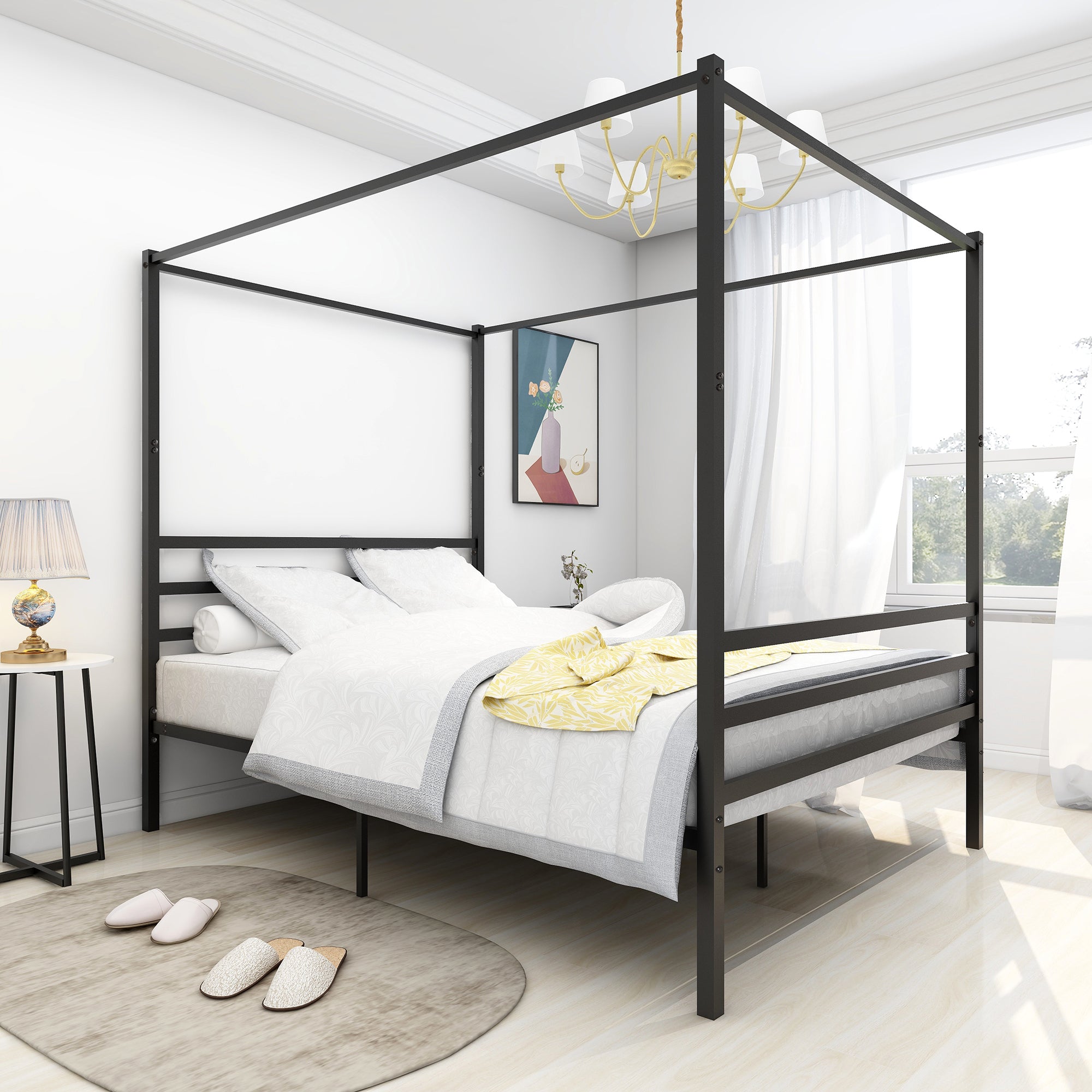 ElegantRest Metal Canopy Bed - Queen Black