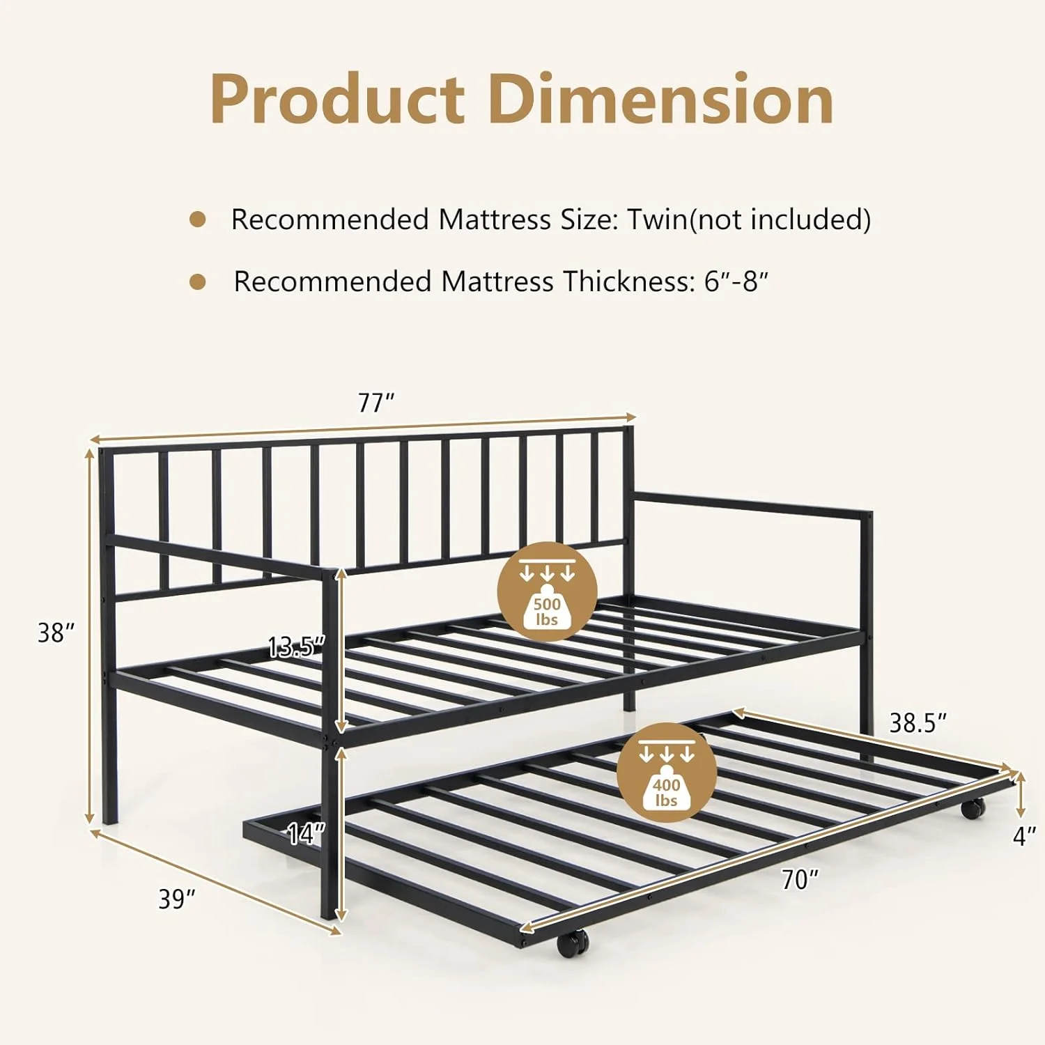 YOJFOTOU Metal Daybed with Trundle, Twin Size Day Bed with Pullout Trundle & Steel Slat Support, 4 Lockable Casters, Space Saving Trundle Sofa Bed for Living Room Guest Room, No Boxing Spring, Black