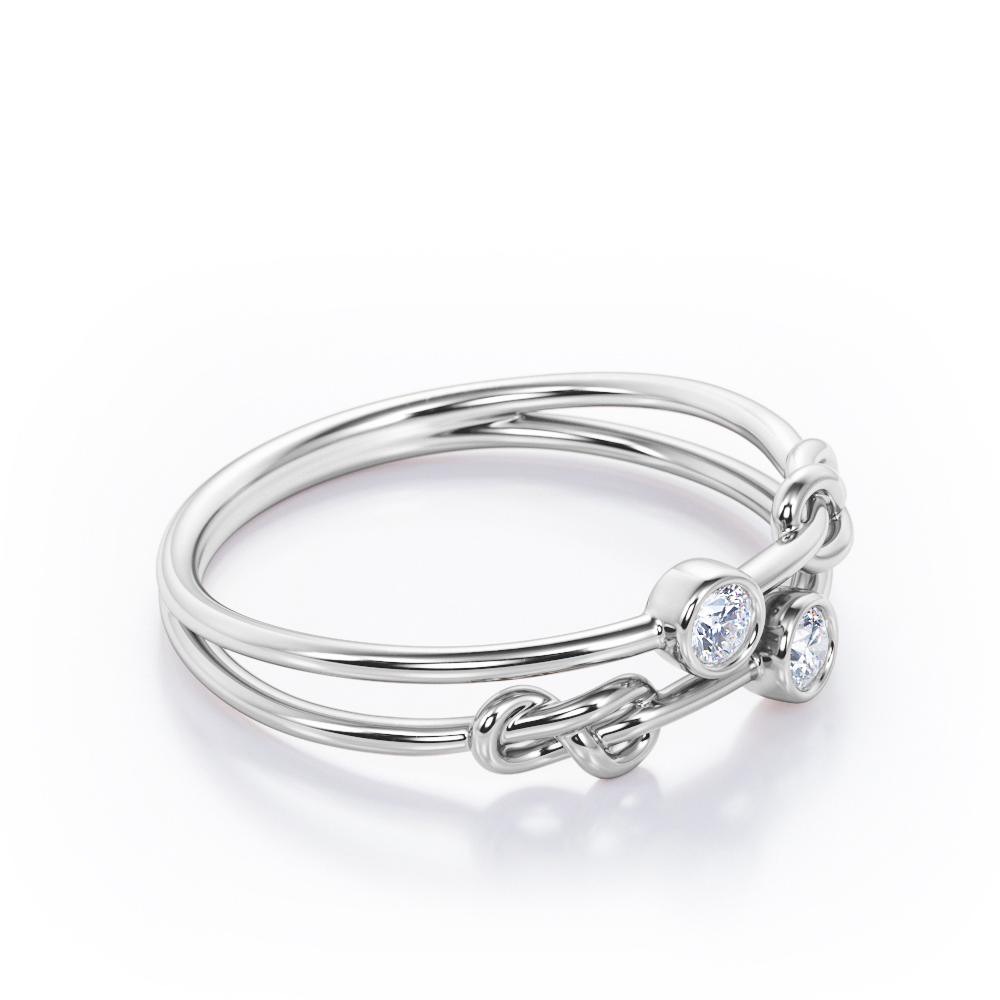JeenMata Split Shank 0.10 TCW Round Shaped Moissanite Double Bezel and Square Knot Stackable Ring in 18K White Gold Plating over Silver