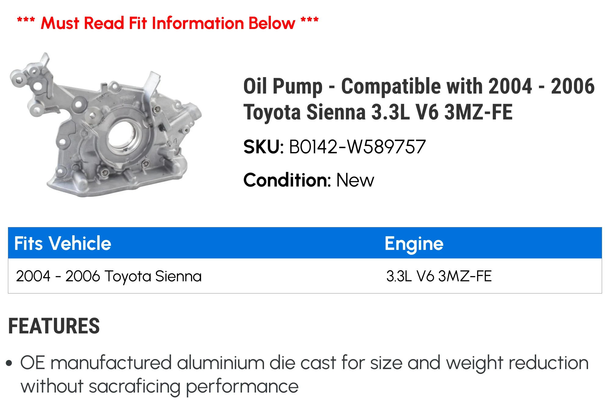 Oil Pump - Compatible with 2004 - 2006 Toyota Sienna 3.3L V6 3MZ-FE 2005