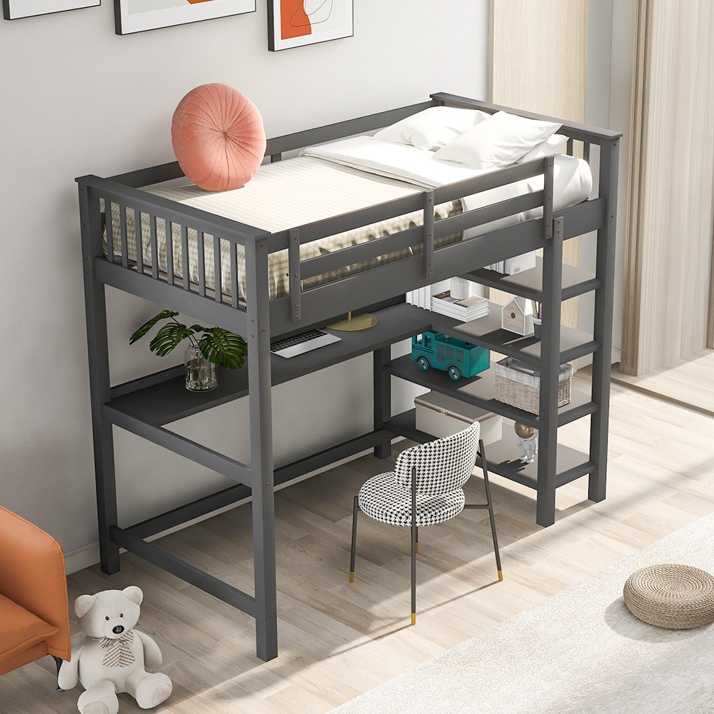 HomeRoots 404098 Gray Wood Loft Bed with Storage Shelves & Desk - Twin Size
