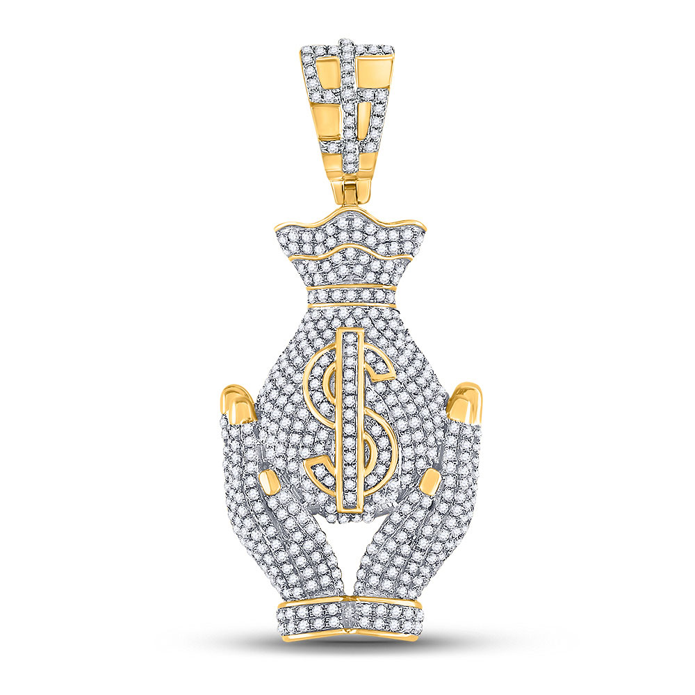 Men's Solid 10kt Yellow Gold Round Diamond Money Bag Hands Charm Pendant 1-1/3 Cttw