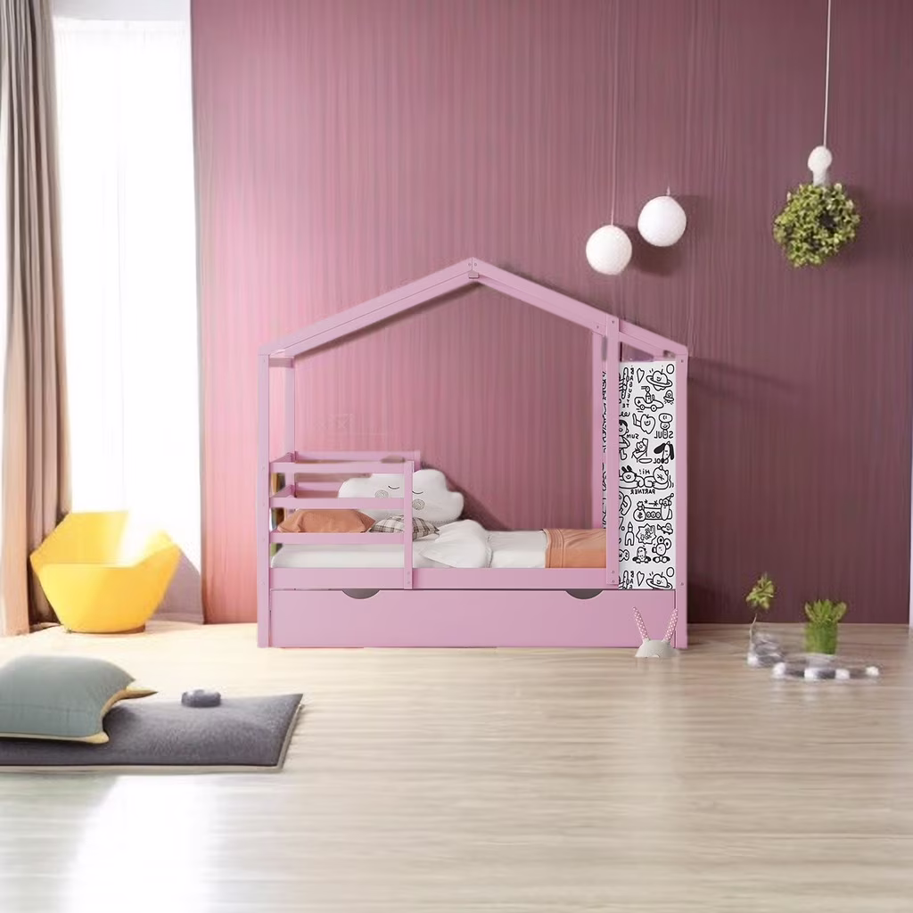Kids House Bed Twin Size, Wooden Twin Kids Bed Frame with Fence and Writing Board, Twin Size Wood House Bed for Kids Teens Girls Boys, Playhouse Design & Easy Assembly
