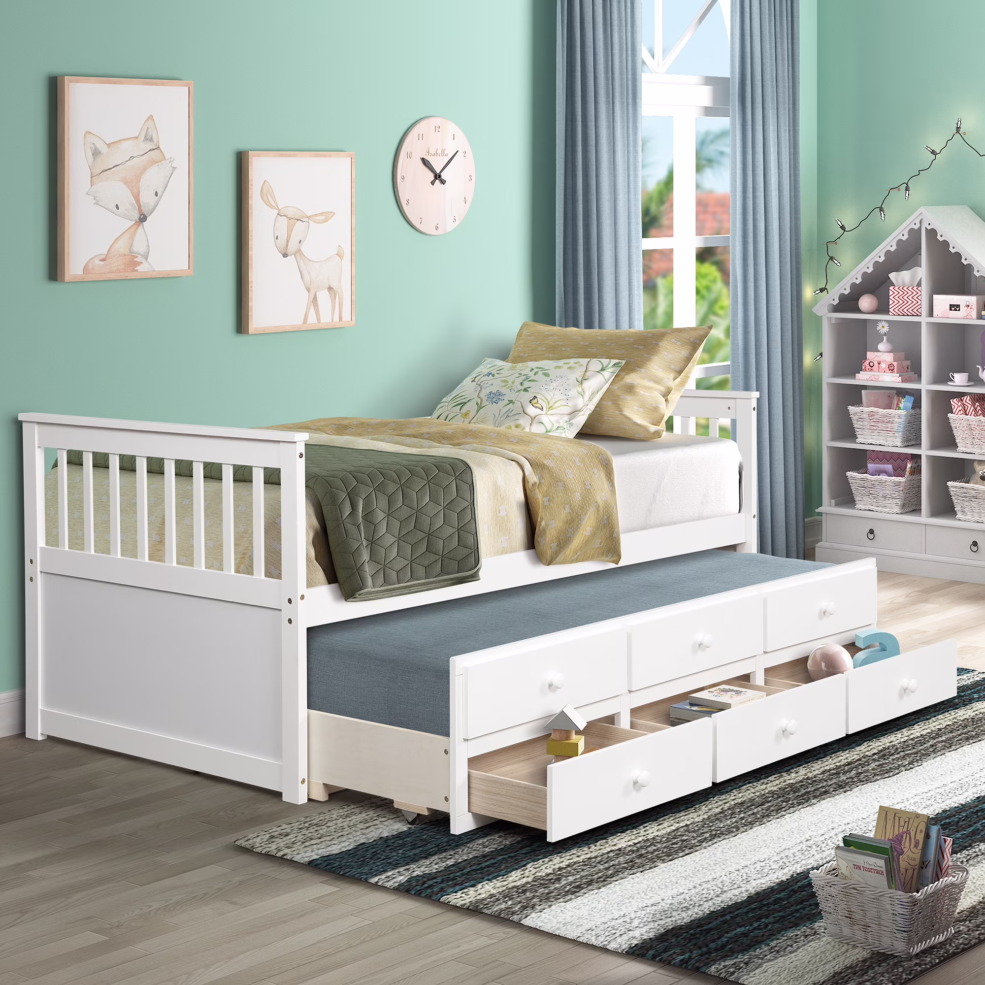 Twin Wood Captain's Bed, SEGMART Modern Style Storage Daybed with Trundle Bed and 3 Storage Drawers, Sturdy Durable Solid Wood Captain's Bed for Kid's Room, Teens, Easy Assembly, 300lbs, White, SS2560