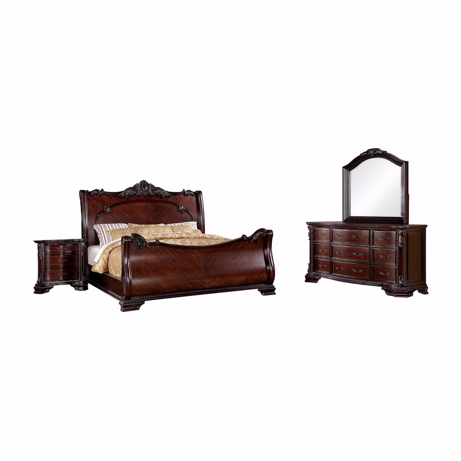 FOA Angelonia 4pc Cherry Wood Bedroom Set - Cal King+Nightstand+Dresser+Mirror