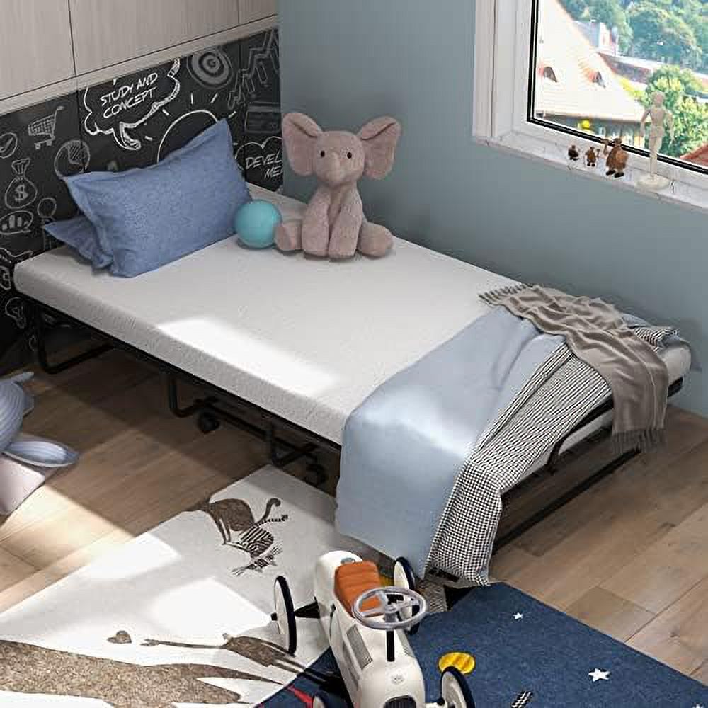 xrboomlife Folding Bed with 4 Inch Mattress for Adults  Cot Size Rollaway Guest Bed w/Memory Foam Mattress & Solid Wood Slats  Portable Foldable Bed with Lockable Wheels for Office Ro