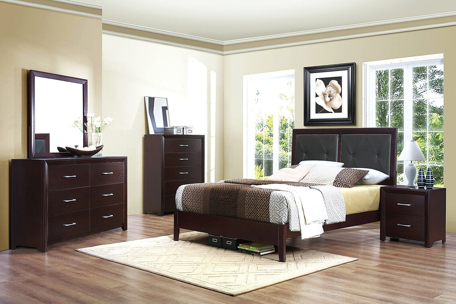 Espresso Finish Contemporary Bedroom 6pc Set Queen Bed Nightstands Chest Dresser Mirror