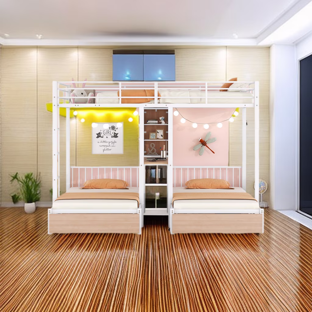 Triple Bunk Bed for 3 Kids, Full Over Twin & Twin Triple Bunk Bed with Drawers, Multi-Functional Metal Bed Frame with Desks and Shelves in The Middle