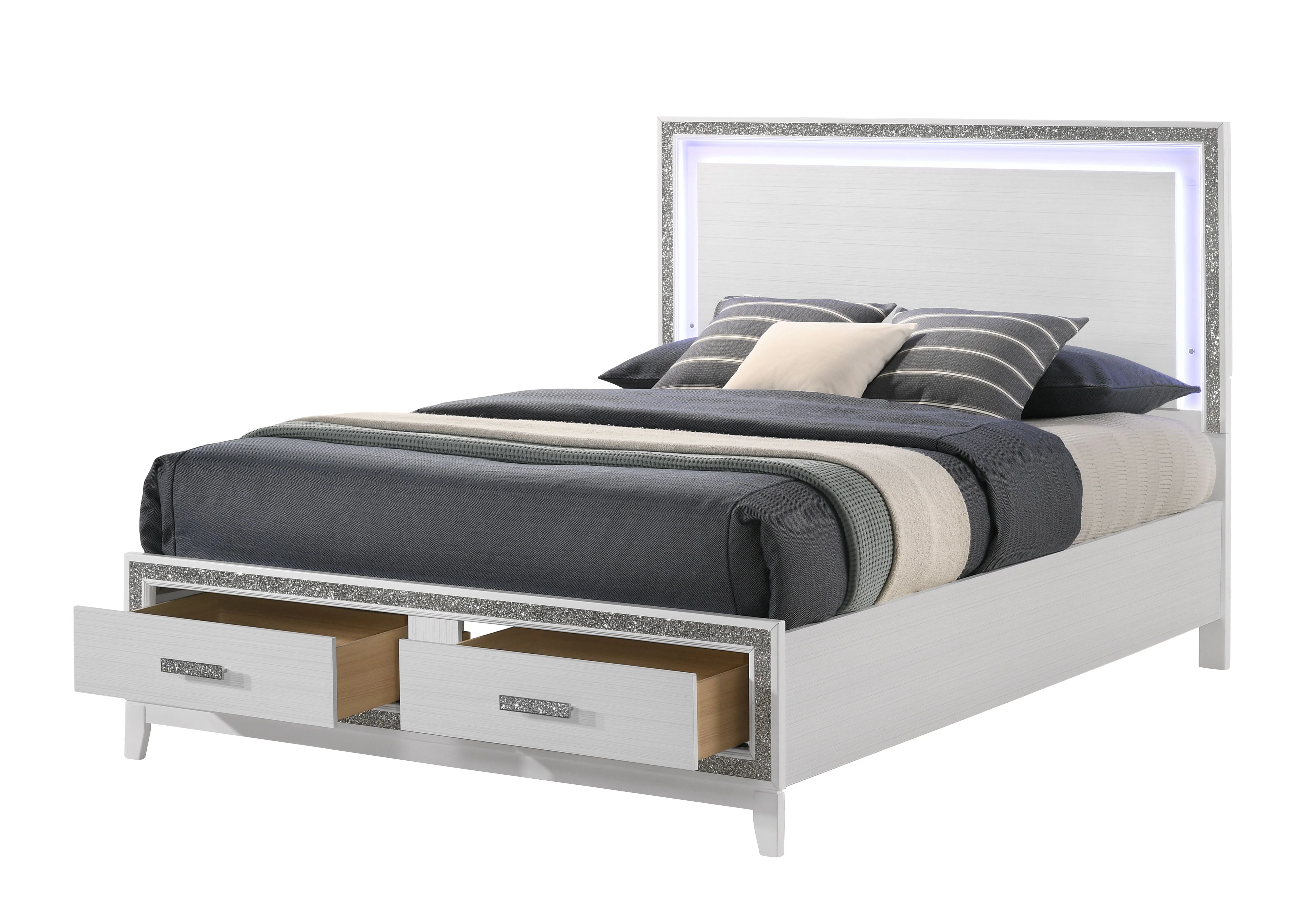 ACME Haiden 2-Drawer Wooden Eastern King Bed with LED in White