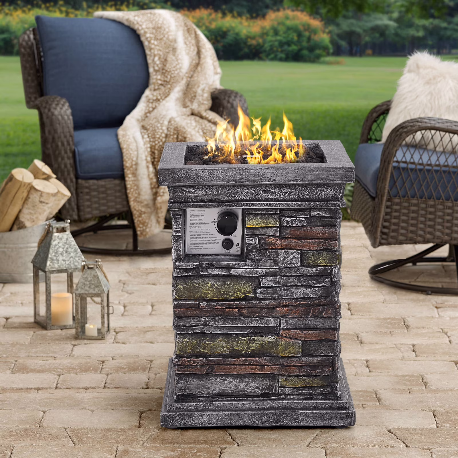 MF Studio Outdoor Patio Propane Gas Fire Pit Column with Vintage Stone Texture & CSA Certificate, 30,000 BTU