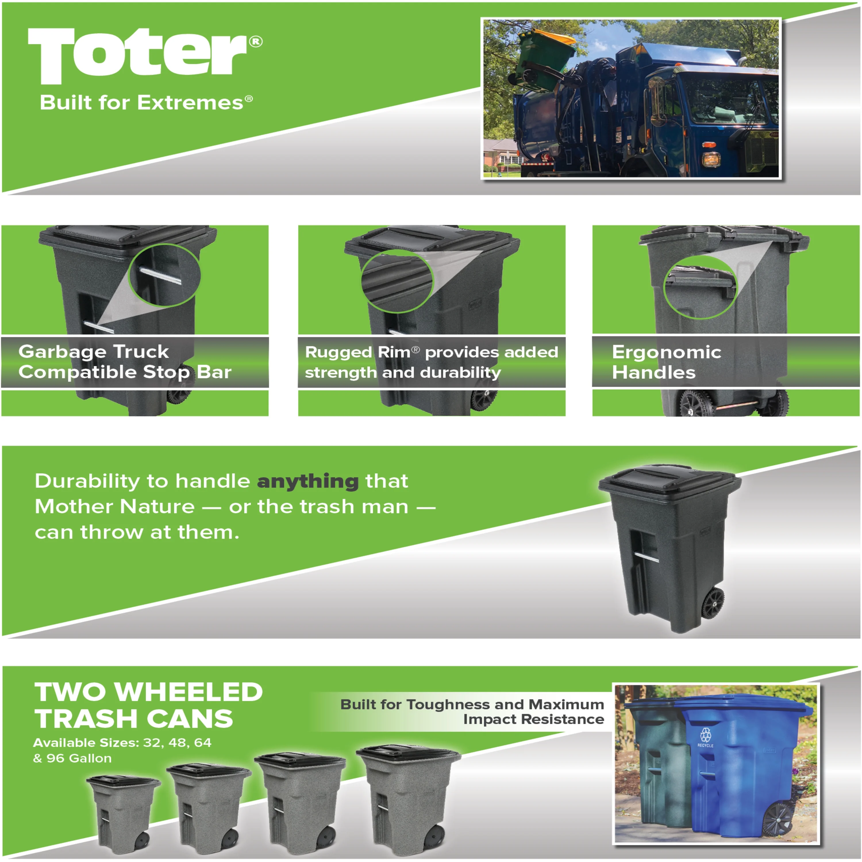 Toter 32 Gal. Trash Can Greenstone with Wheels and Lid