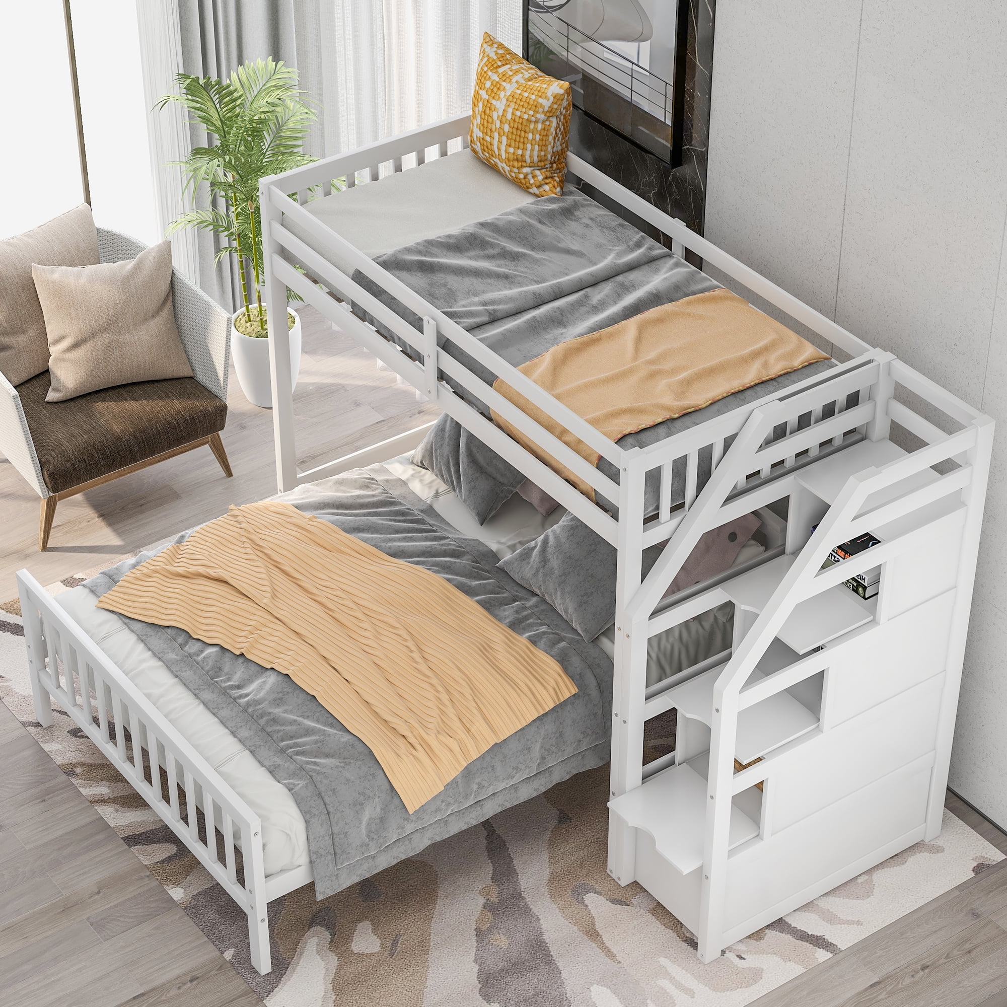 Dcenta Twin over Full Loft Bed with Staircase,White