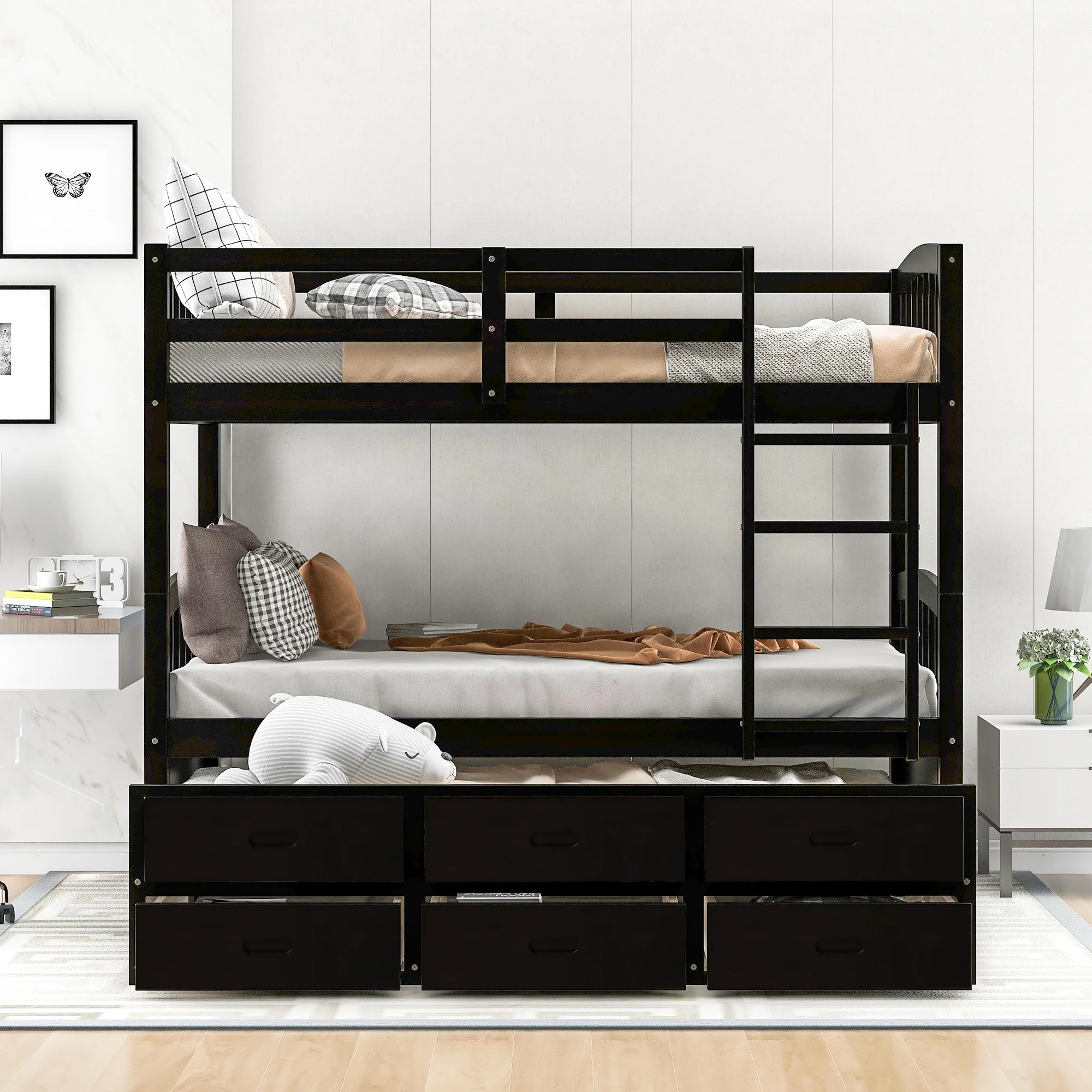 CoSoTower Twin Over Twin Wood Bunk Bed With Trundle And Drawers, Espresso