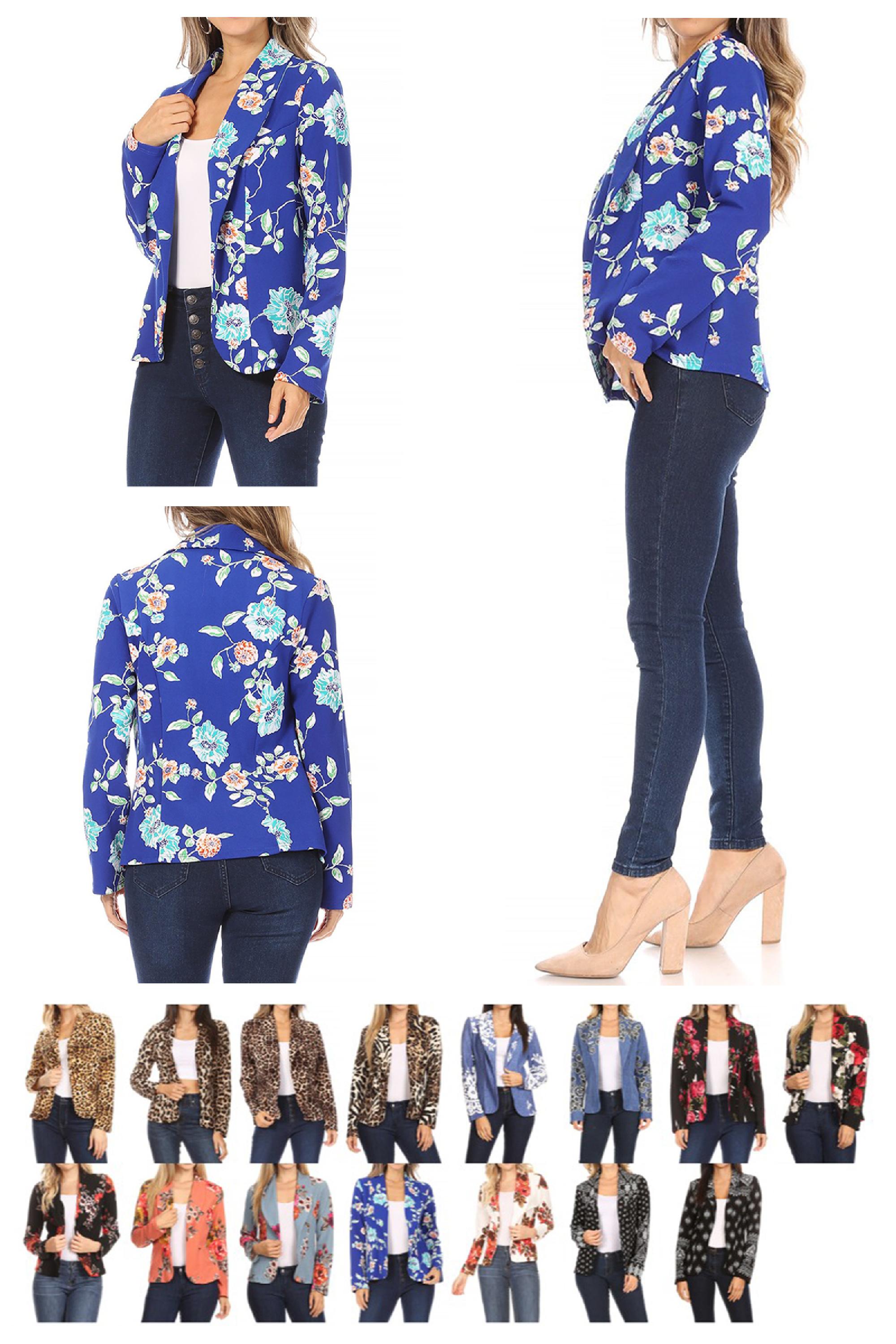 MOA COLLECTION Women's Casual Pattern Print Fitted Open Front Long Sleeves Office Blazer Jacket