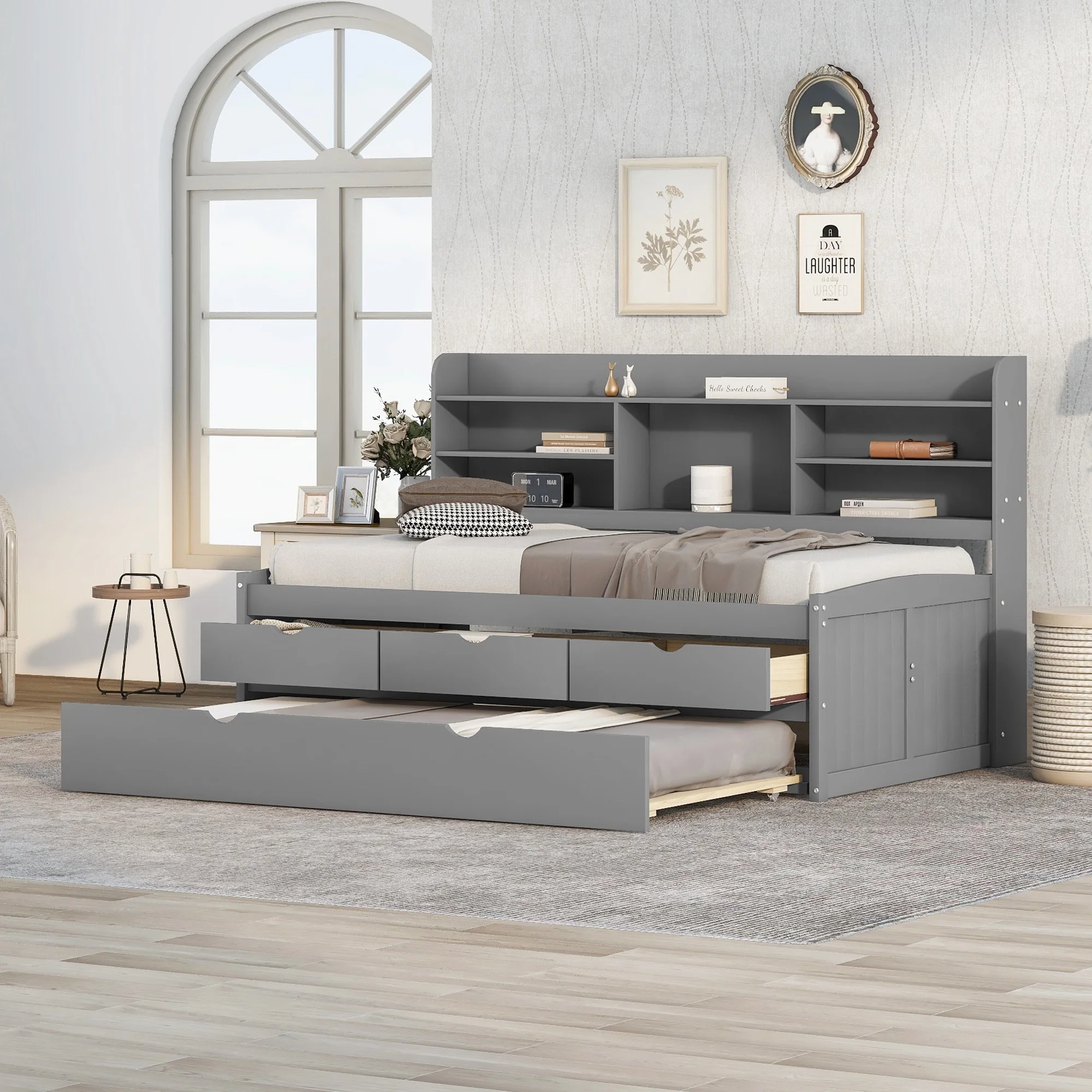 Dawn Whisper Twin Size Wooden Captain Bed with Built-in Bookshelves, Three Storage Drawers and Trundle, Light Grey