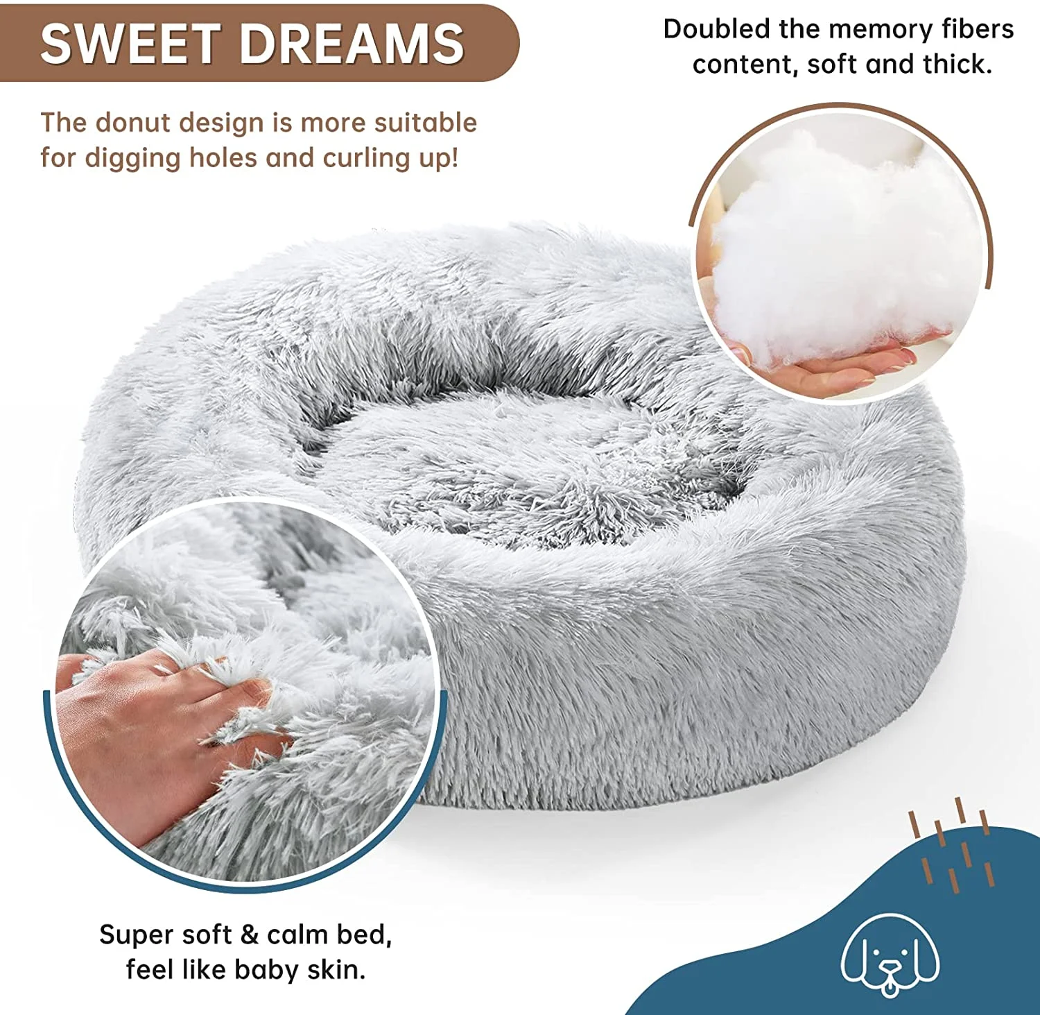 OYANTEN Dog Beds for Small Dogs Large Cats Fluffy Machine Washable Misty Gray / 24in