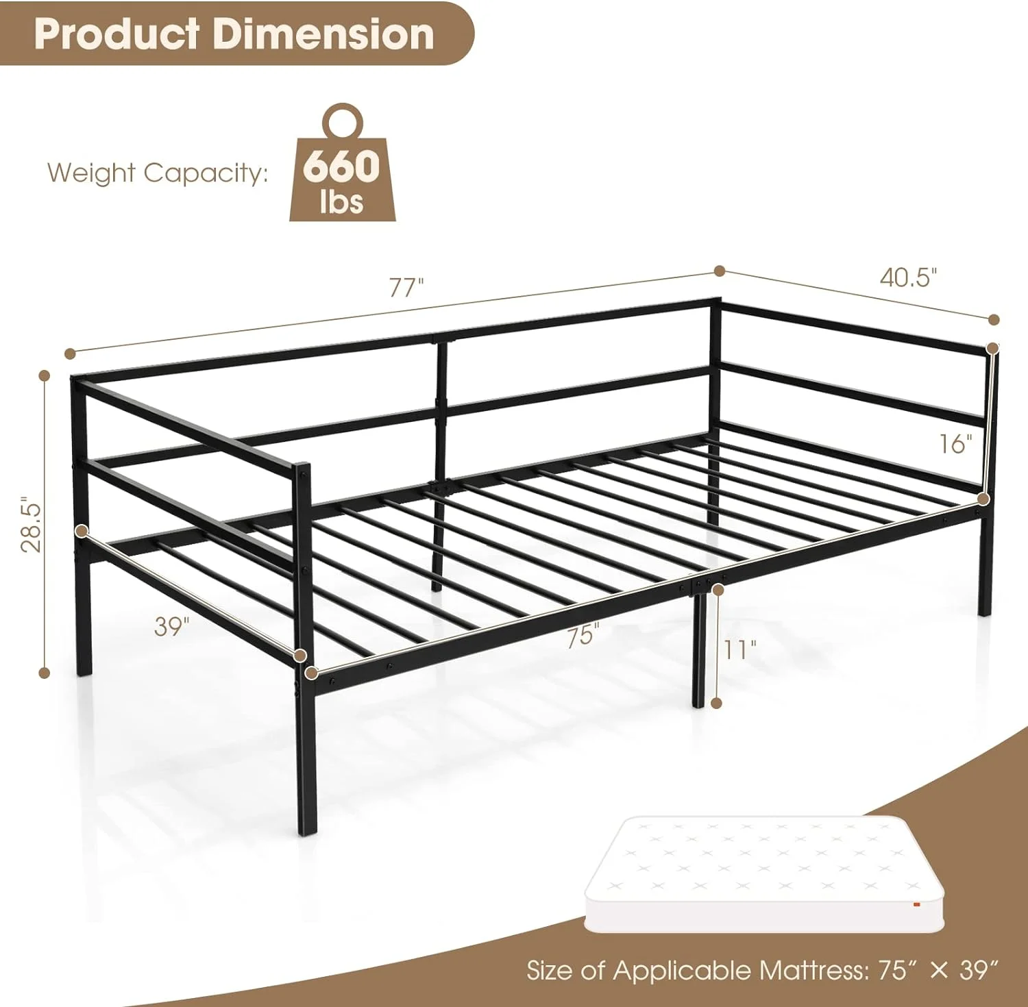 xrboomlife Metal Daybed Frame Twin Size  2-in-1 Multifunctional Sofa Bed Frame with Headboard & Heavy-Duty Steel Slats  Mattress Foundation Platform for Living Room  Guest Room  Bedro
