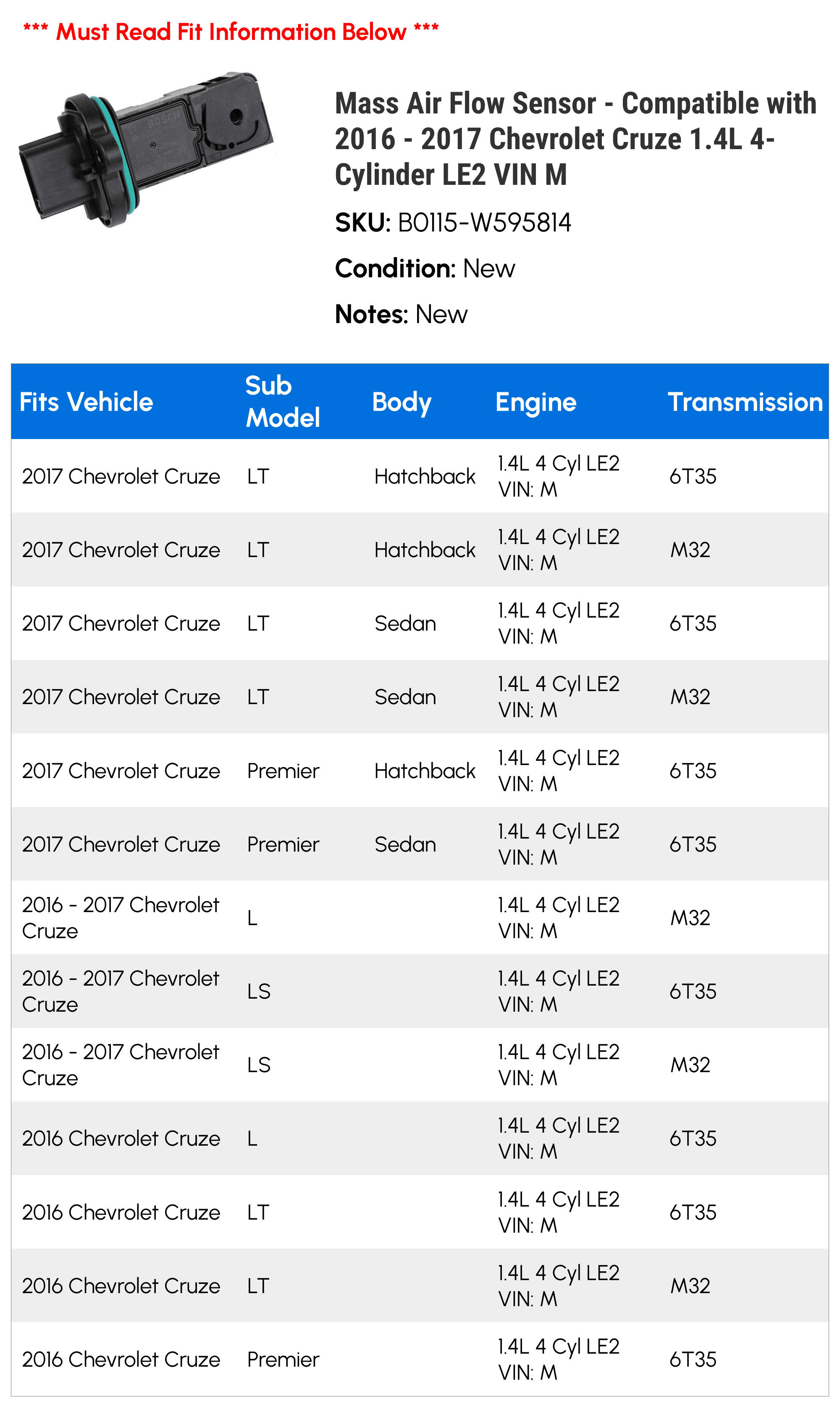 Mass Air Flow Sensor - Compatible with 2016 - 2017 Chevy Cruze 1.4L 4-Cylinder LE2 VIN M