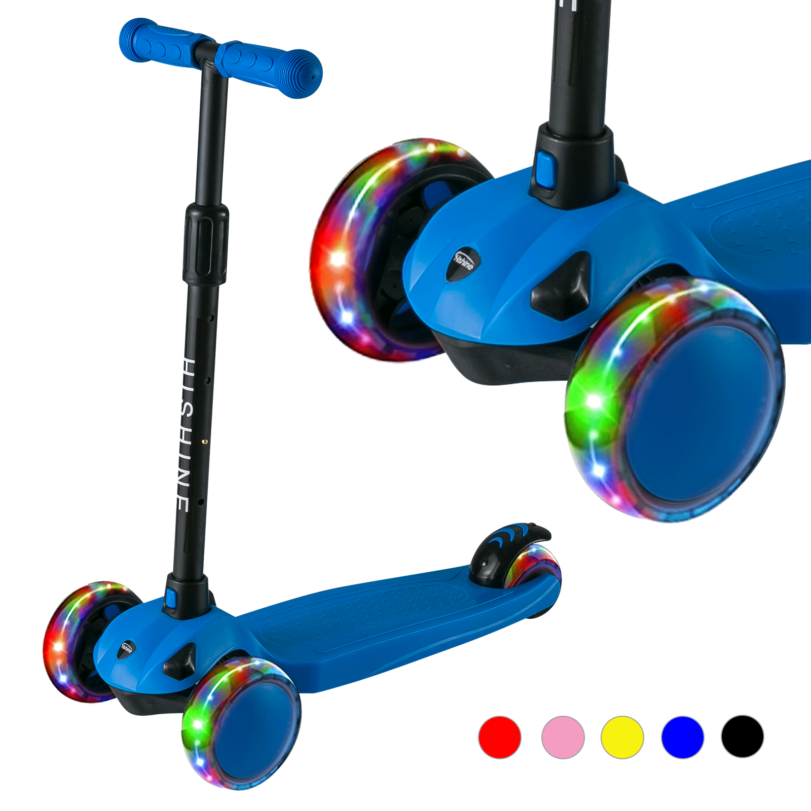 PRINIC 3 wheel kick scooter for kids and toddler 3-5 year old age, boys & girls, adjustable height, lean to steer, light up flashing wheels, wide deck, Blue