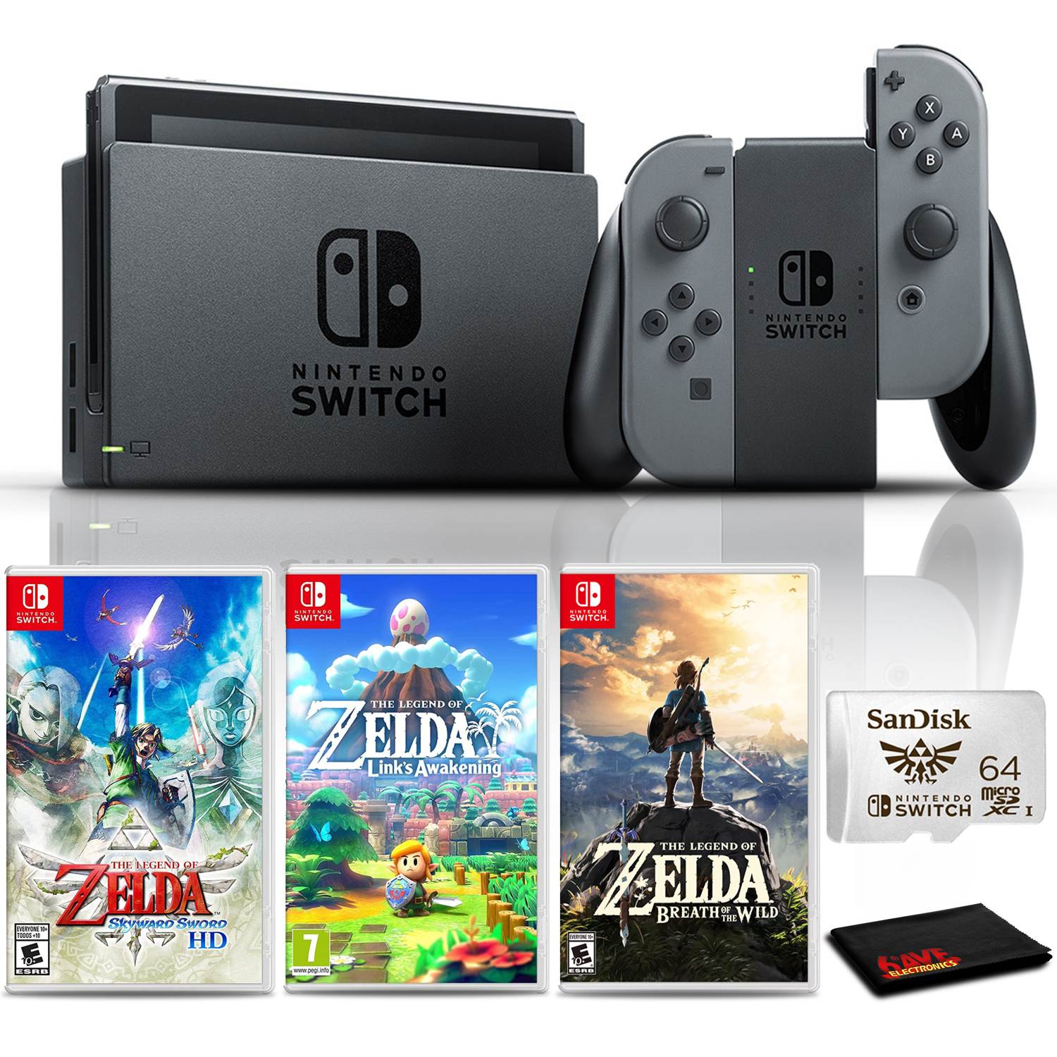 Nintendo Switch Console (Gray) with 64GB microSD and 3-Pk Zelda Games