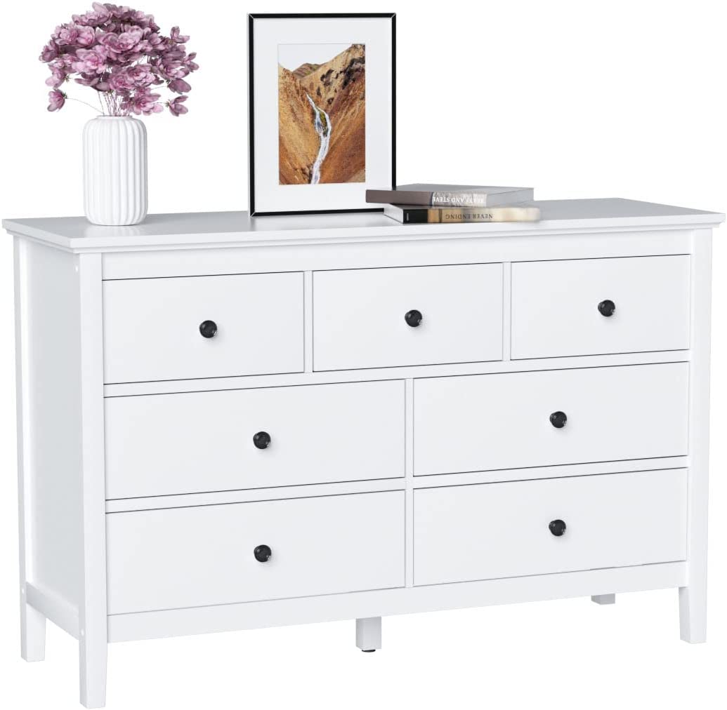 YOJFOTOOU. White Dresser, Modern Dresser for Bedroom, 7 Drawer Dresser with Wide Drawer and Metal Handles