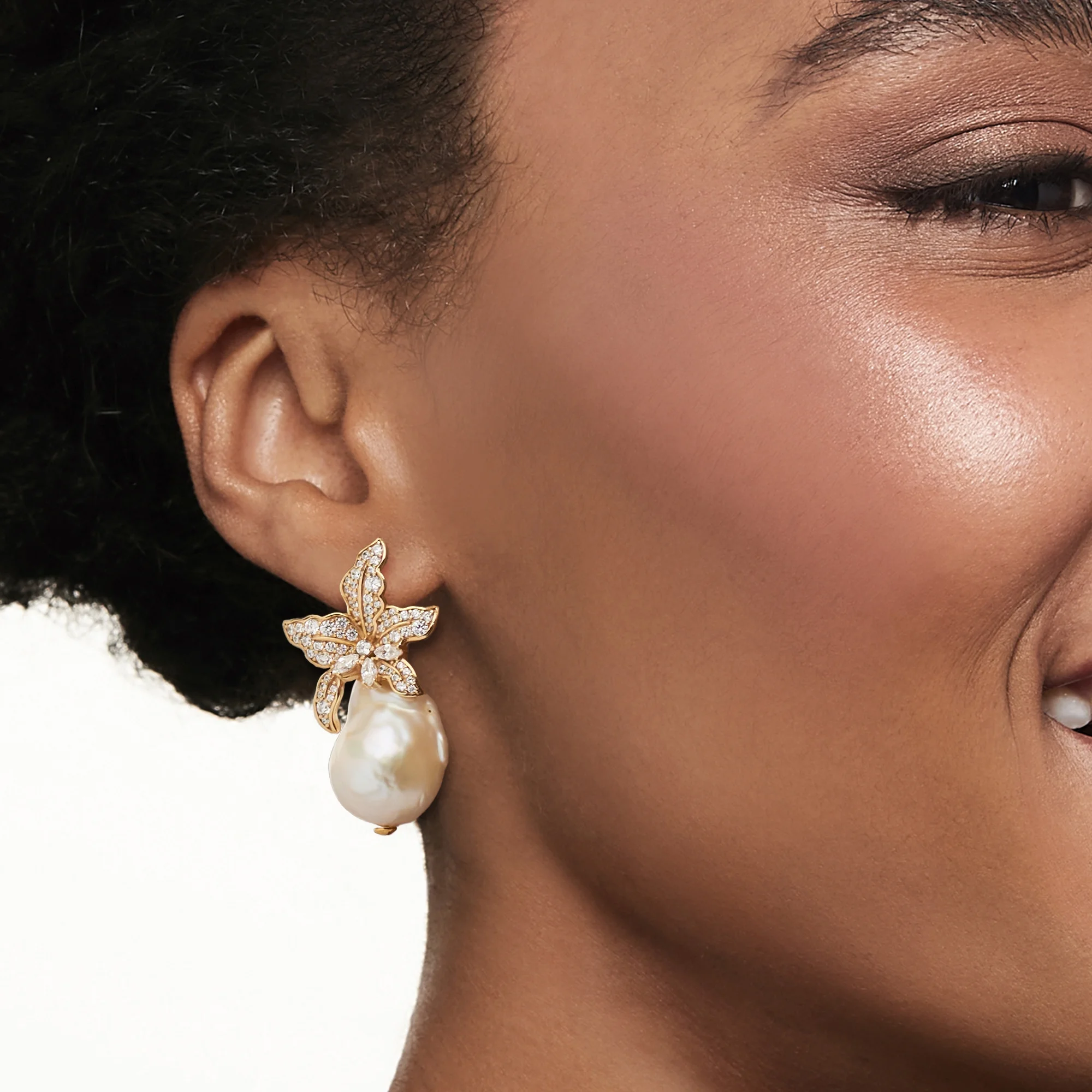 Ross-Simons Italian 13-18mm Baroque Pearl and 1.80 ct. t.w. CZ Flower Earrings in 18kt Gold Over Sterling, Women's, Adult