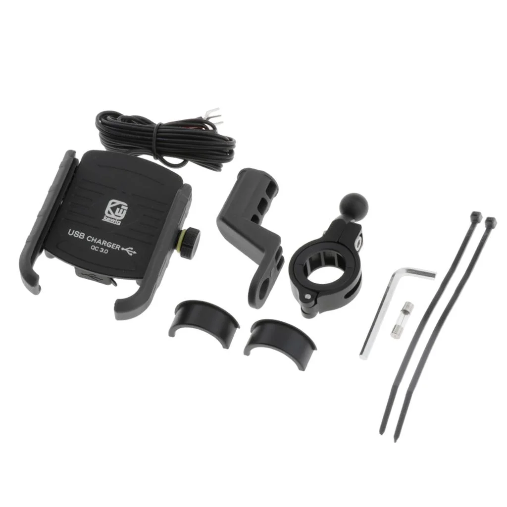 Universal Motorcycle Bike Phone Mount Holder+.0 Quick Charger - Black, 90x68mm