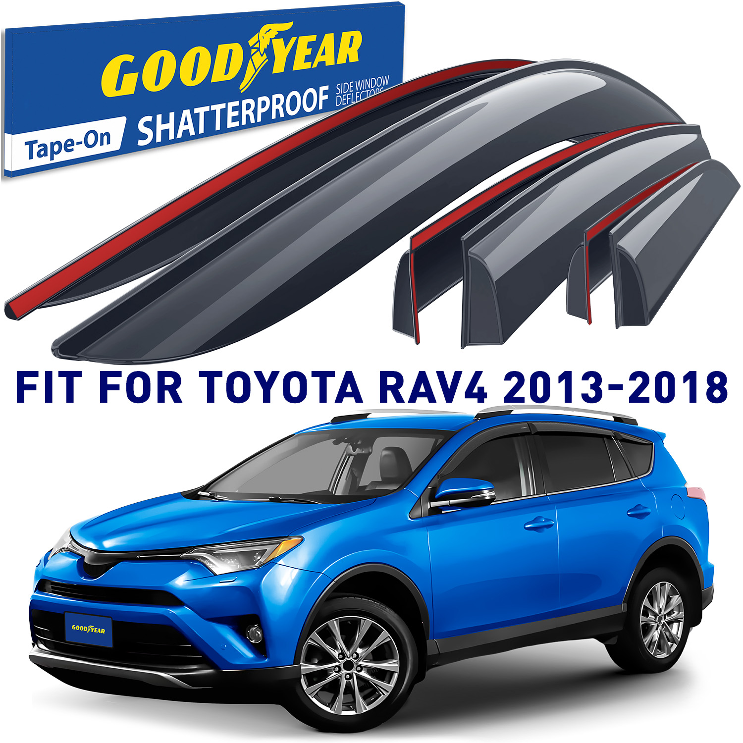 Goodyear Shatterproof Window Deflectors for Toyota RAV4 2013-2018, Tape-on Rain Guards, Window Visors, Vent Deflector Visor, Car Accessories,6 pcs. - GY008656