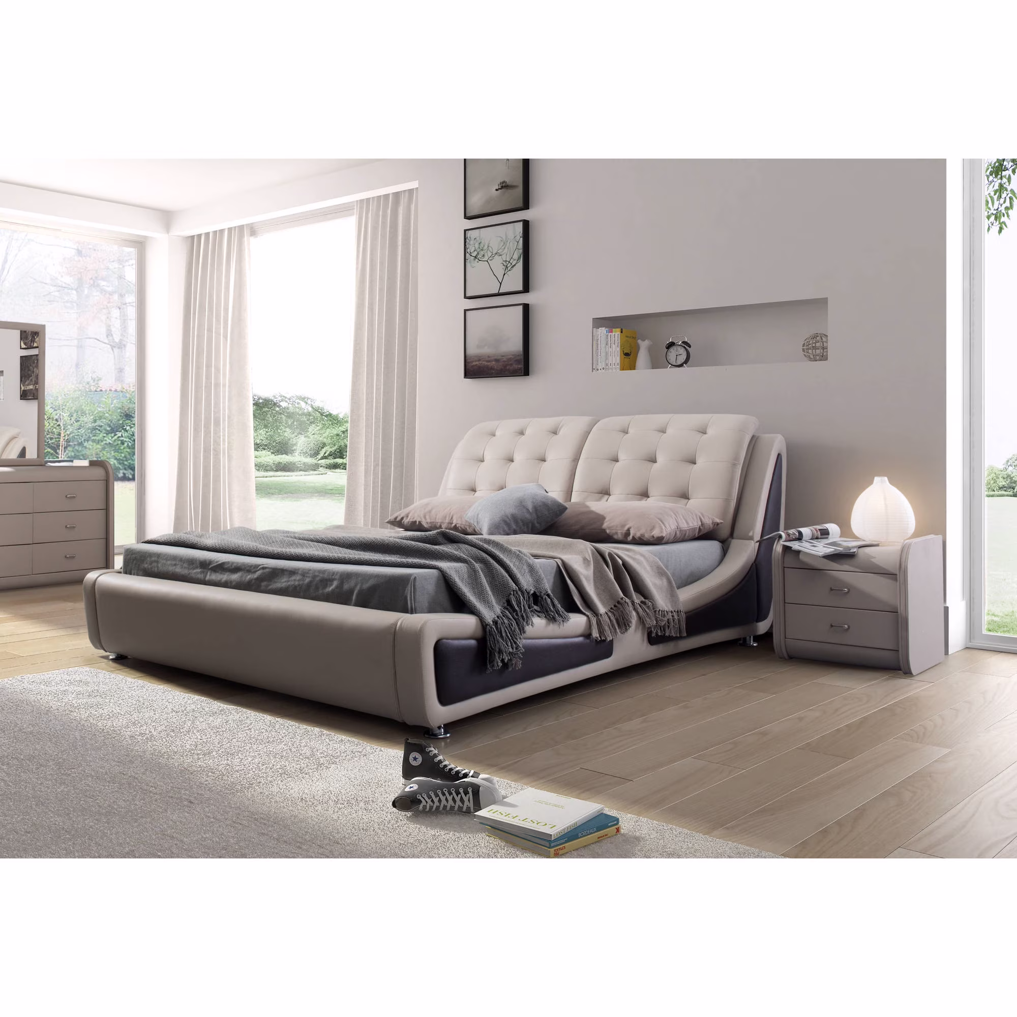 Olivia Contemporary Button Tufted Faux Leather Platform Bed, Beige/Brown, Queen