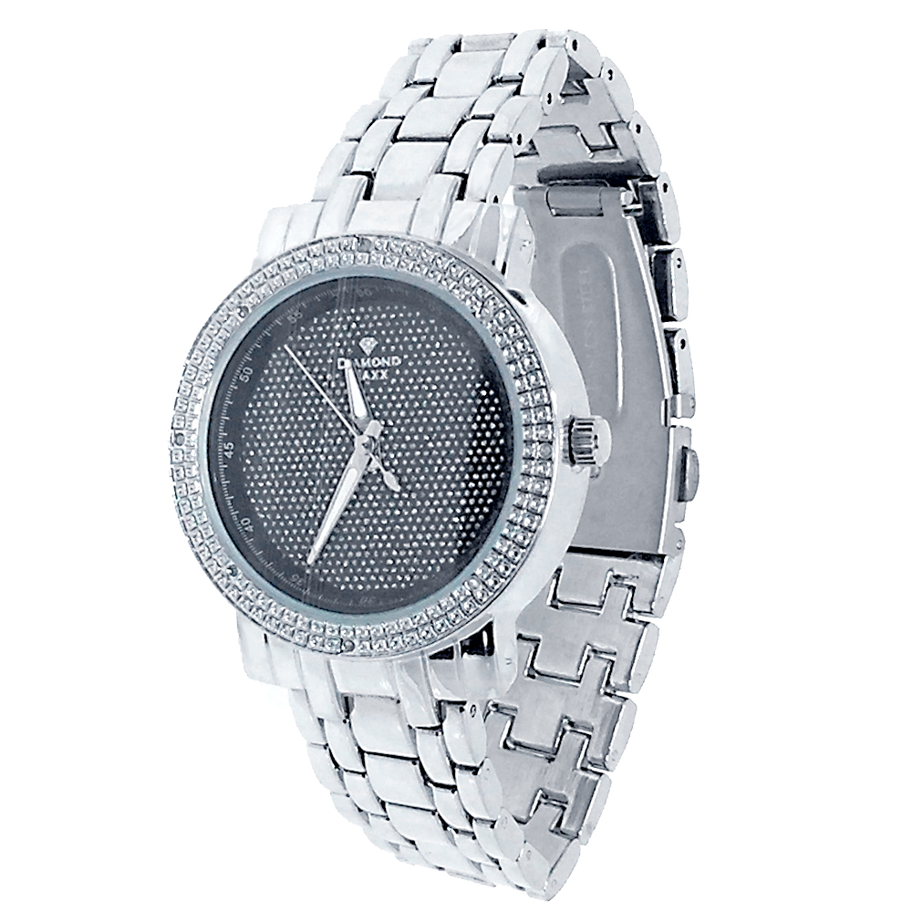 White Gold Finish Real Genuine .08 ct Diamond Black Face Ladies Presidential Designer Metal Wrist Watch