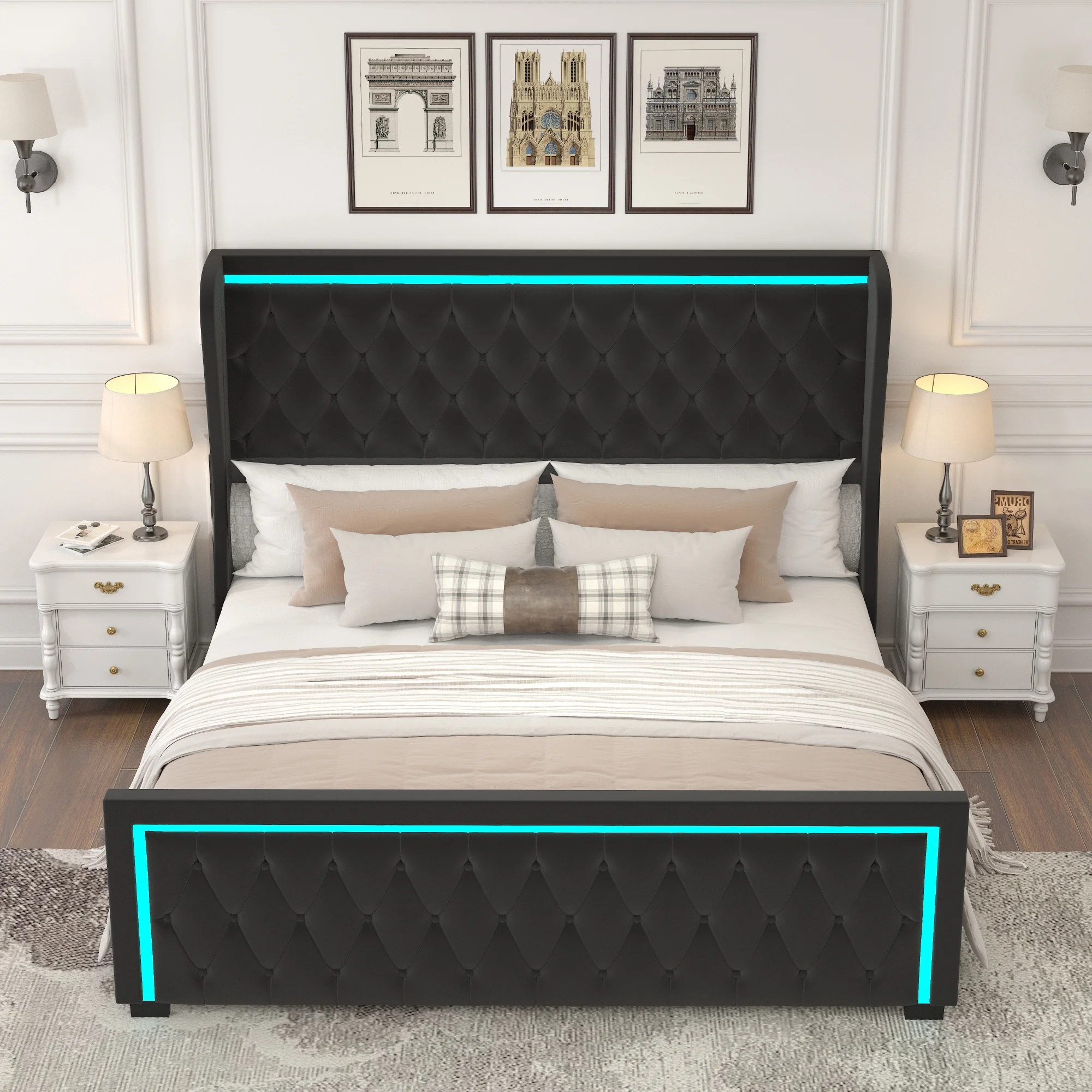 Black King Platform Bed Frame with High Headboard, Velvet Upholstery, Deep Tufted Buttons, Adjustable LED Light Decorative Headboard, and Wide Wingbacks