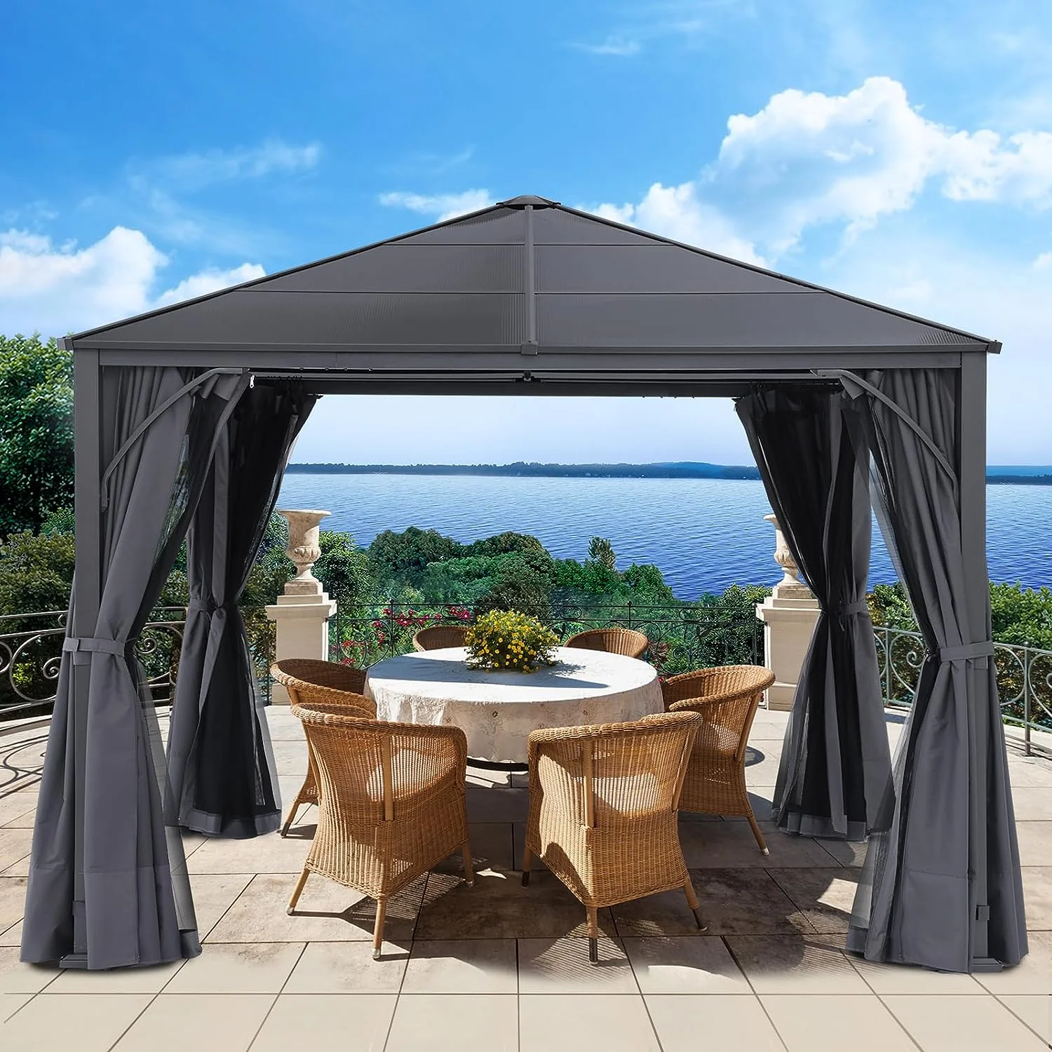 ABCCANOPY 10x10 Outdoor Hardtop Polycarbonate Single Roof Patio Gazebo Canopy, Metal Frame Permanent Pavilion with Curtains and Netting,Dark Gray
