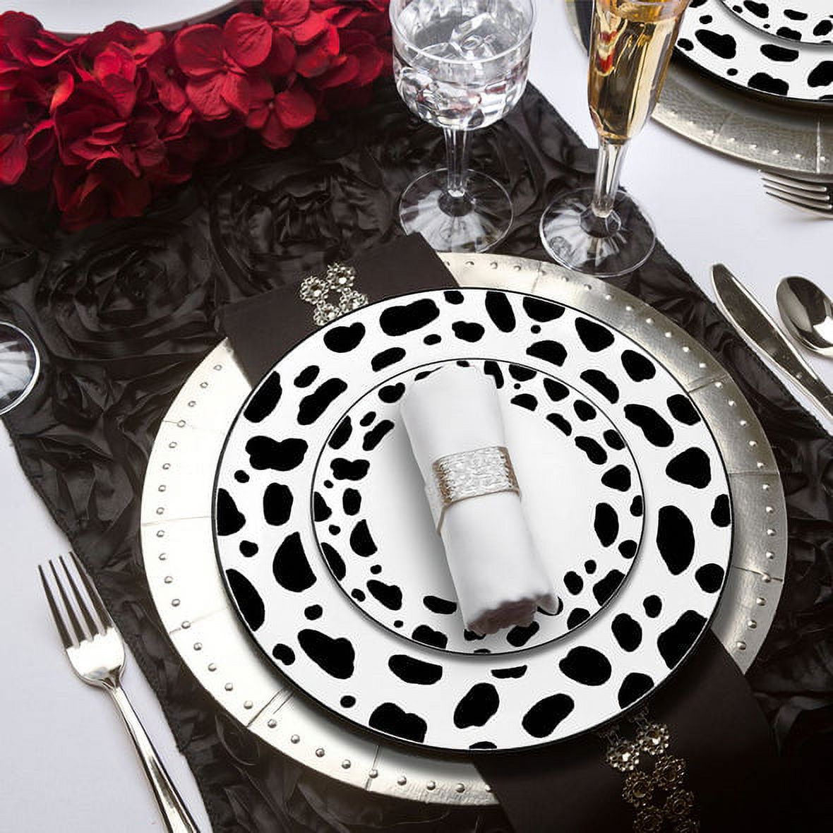 Smarty White with Black Dalmatian Spots Round Disposable Plastic Dinnerware Value Set 240ct