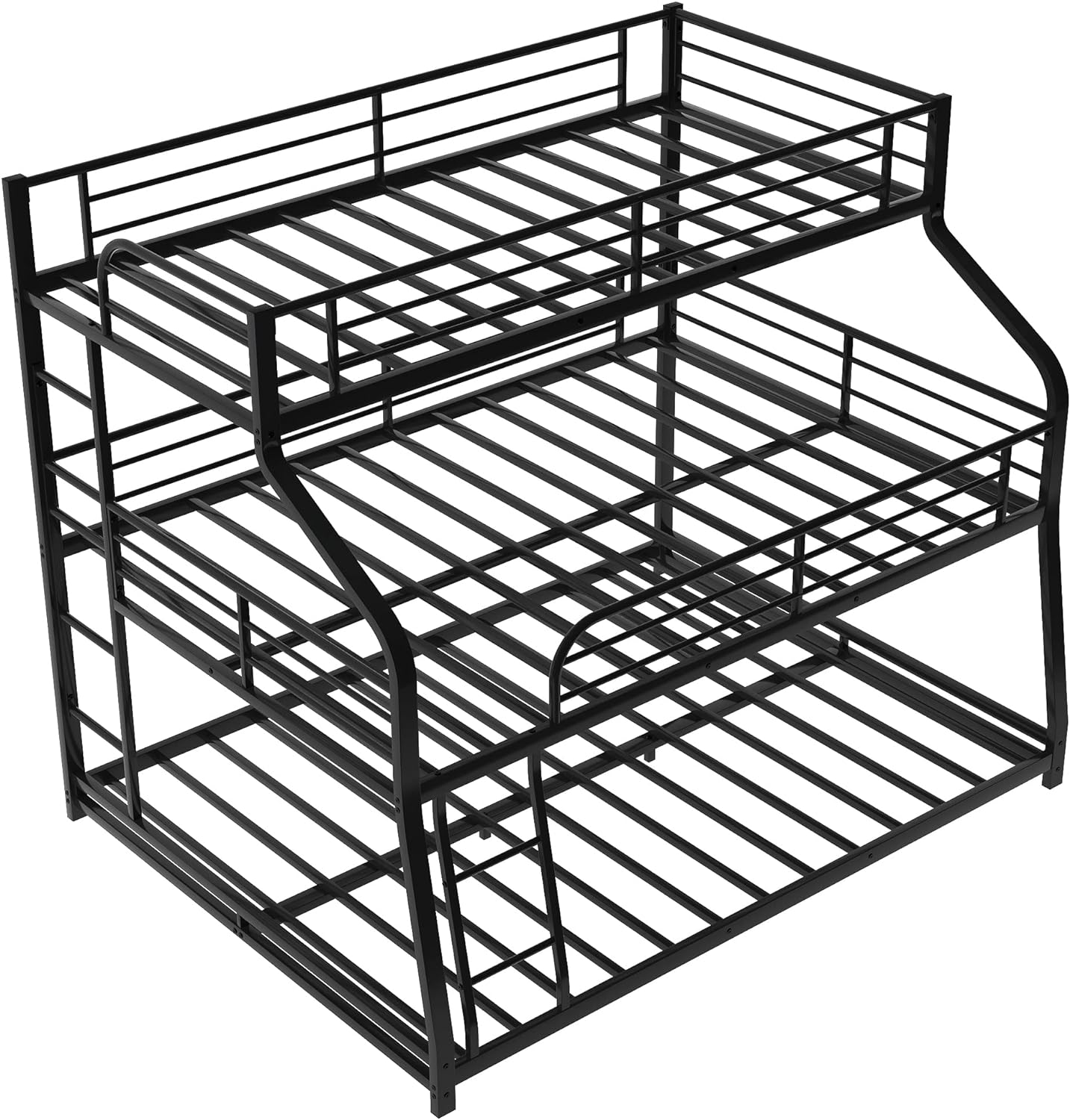 Triple Bunk Bed, Space-Saving 3-In-1 Metal Triple Bunk Beds With Two Built-In Ladders And Full-Length Guardrails, Black