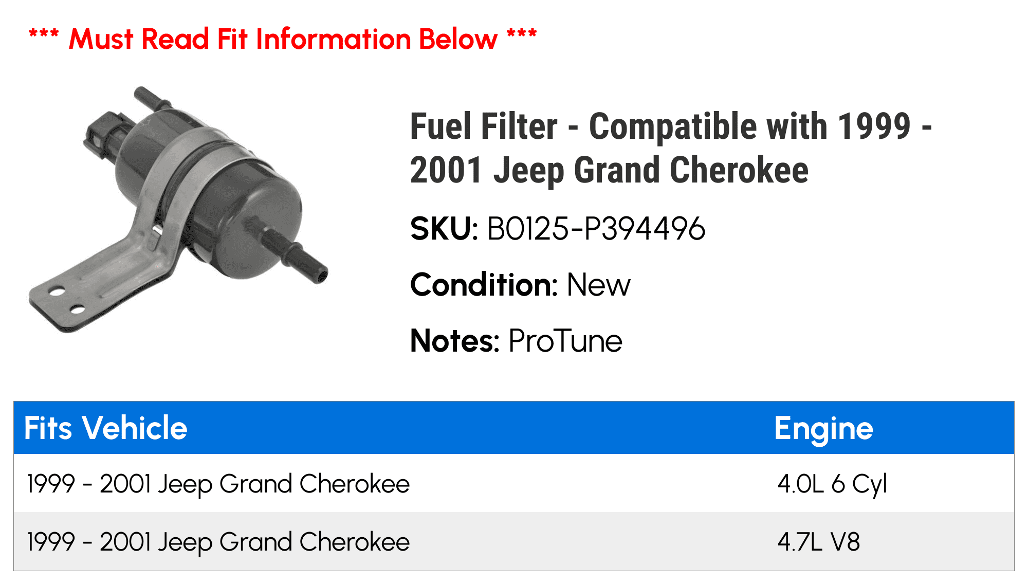 Fuel Filter - Compatible with 1999 - 2001 Jeep Grand Cherokee 2000